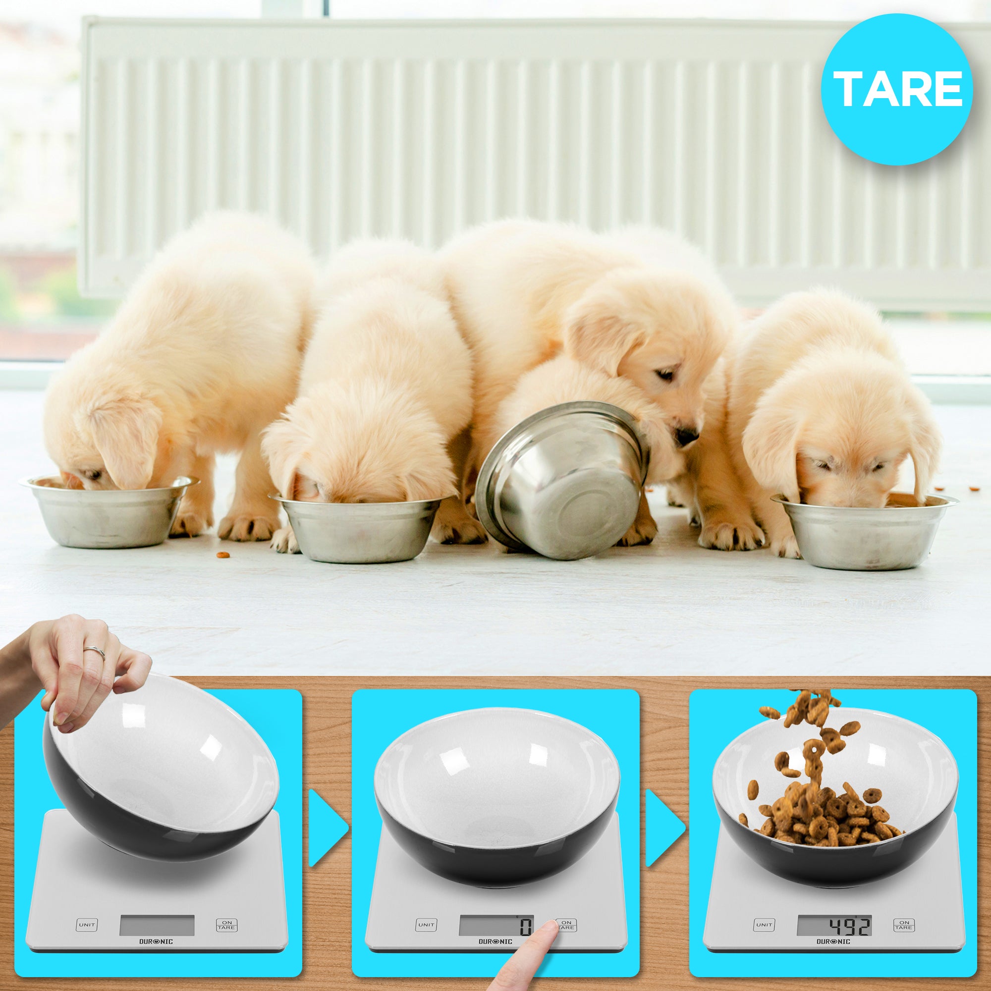 Duronic KS1080 digital kitchen scale with tare function to reset to 0 for consecutive measuring food, pet food, baking
