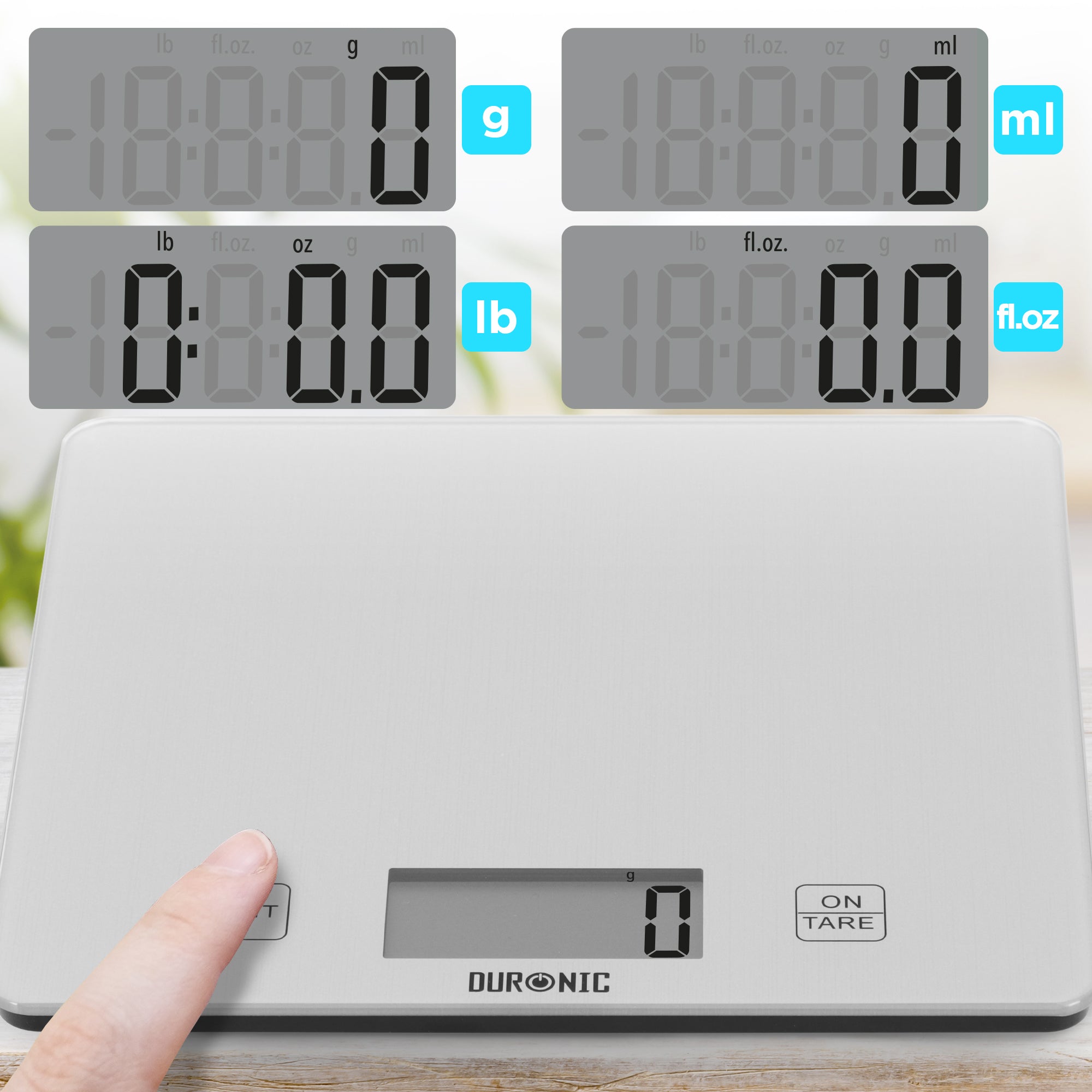 Duronic KS1080 digital weighing scale includes 4 units of measuring in grams, millilitres, pounds, ounces, and fluid ounces