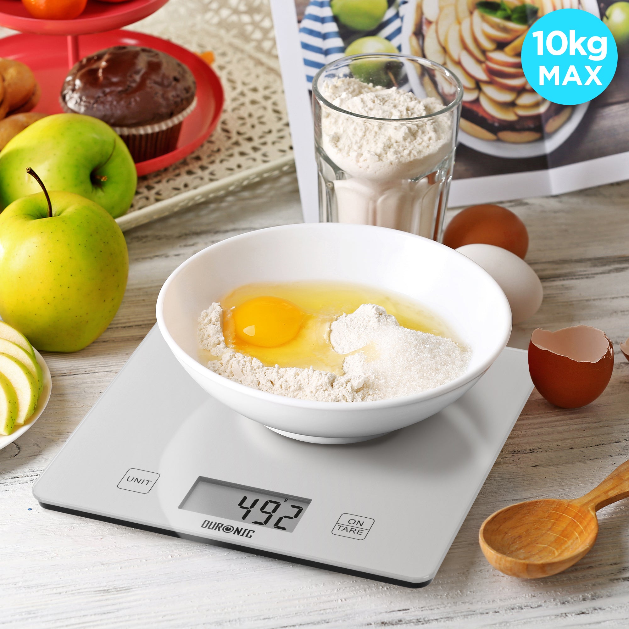 Duronic KS1080 digital weight scale with 10kg maximum capacity for weighing food, cooking, baking in kitchen, office, school