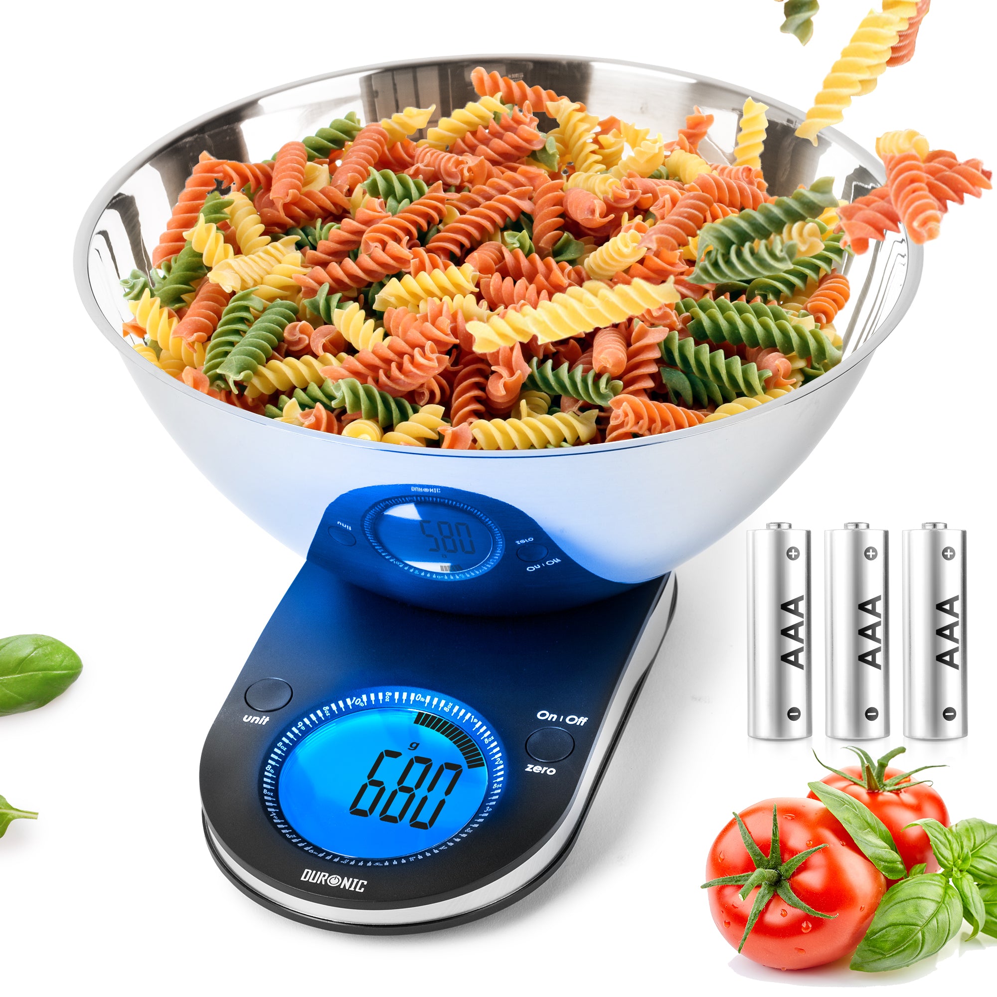 Duronic KS5000 digital kitchen scale with stainless steel bowl measuring pasta