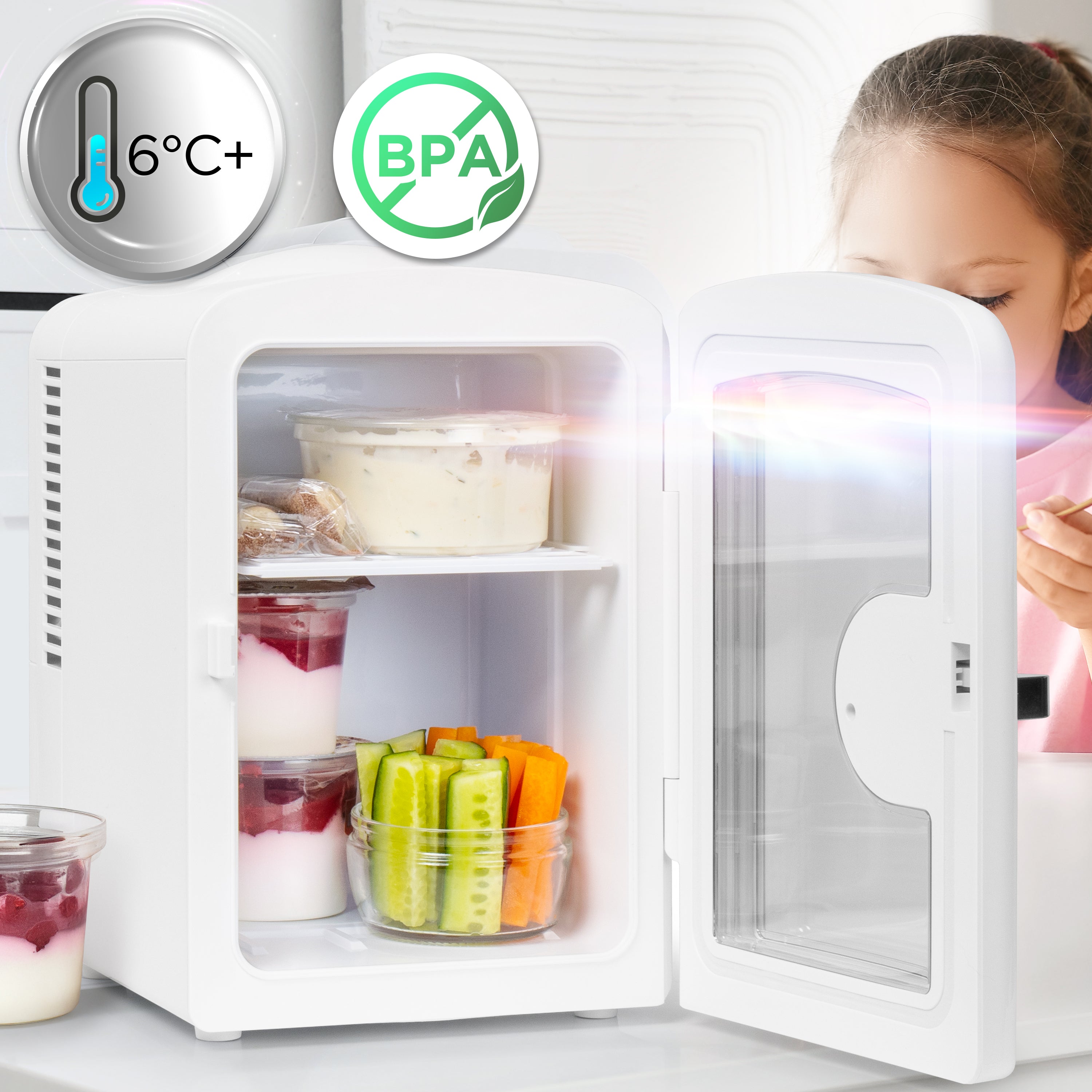 Duronic Mini Fridge Warmer with clear door showing product dimensions and power cable options