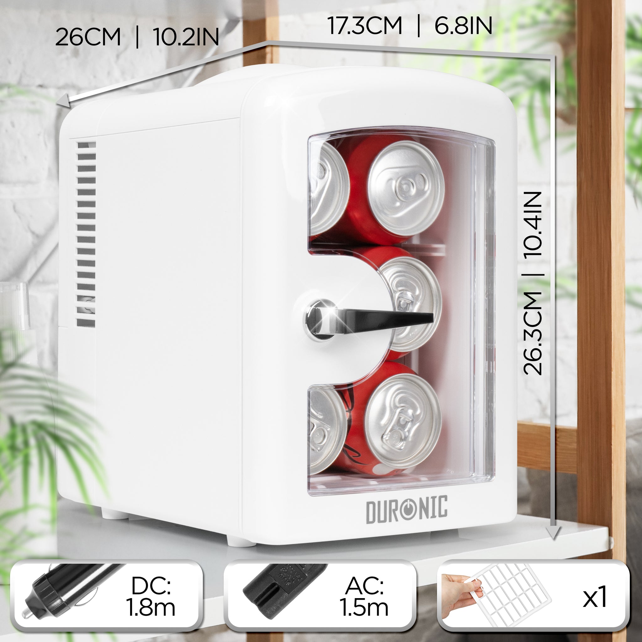 Duronic Mini Fridge Warmer with clear door showing product dimensions and power cable options