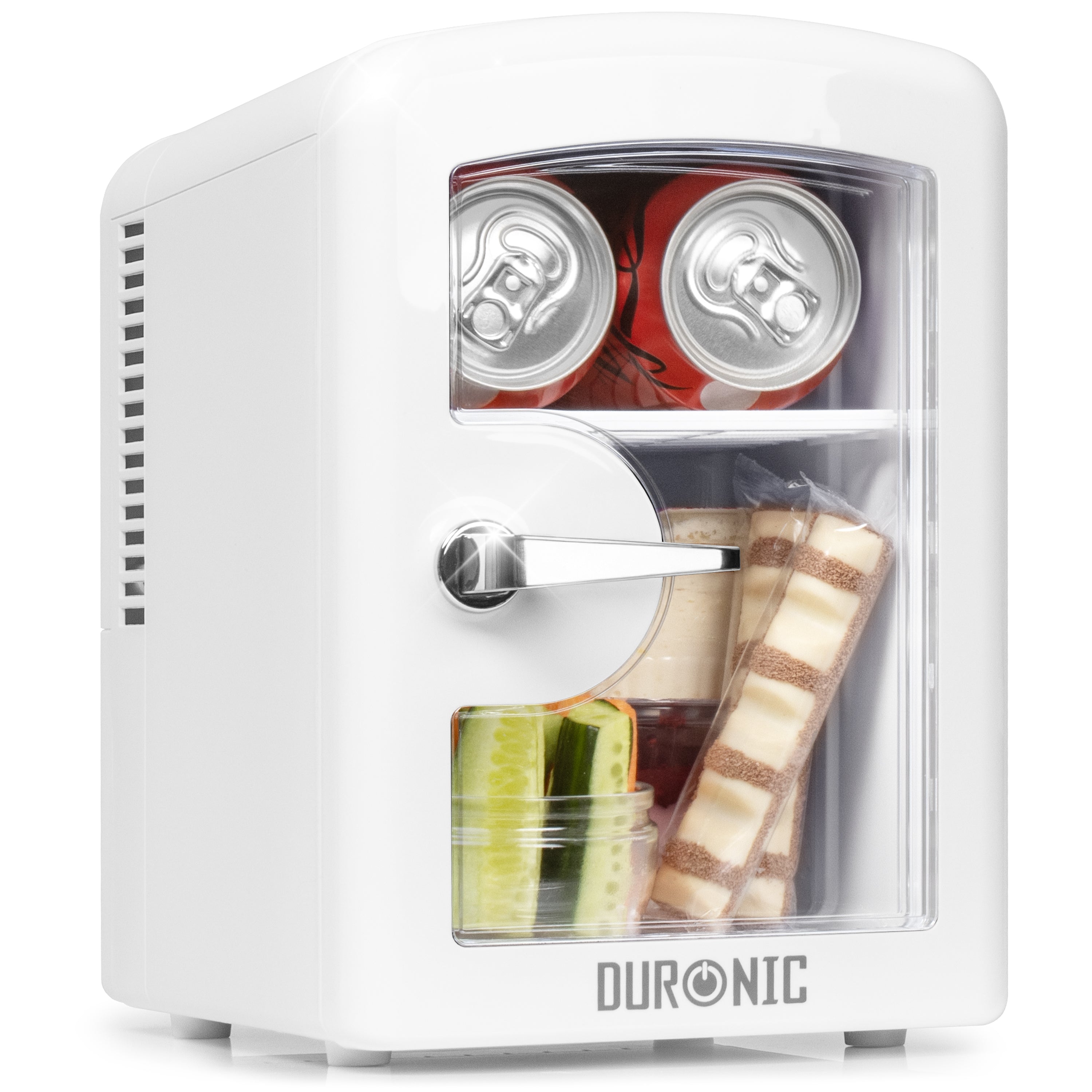 Duronic Mini Fridge Warmer with clear window filled with soda cans and healthy snacks.