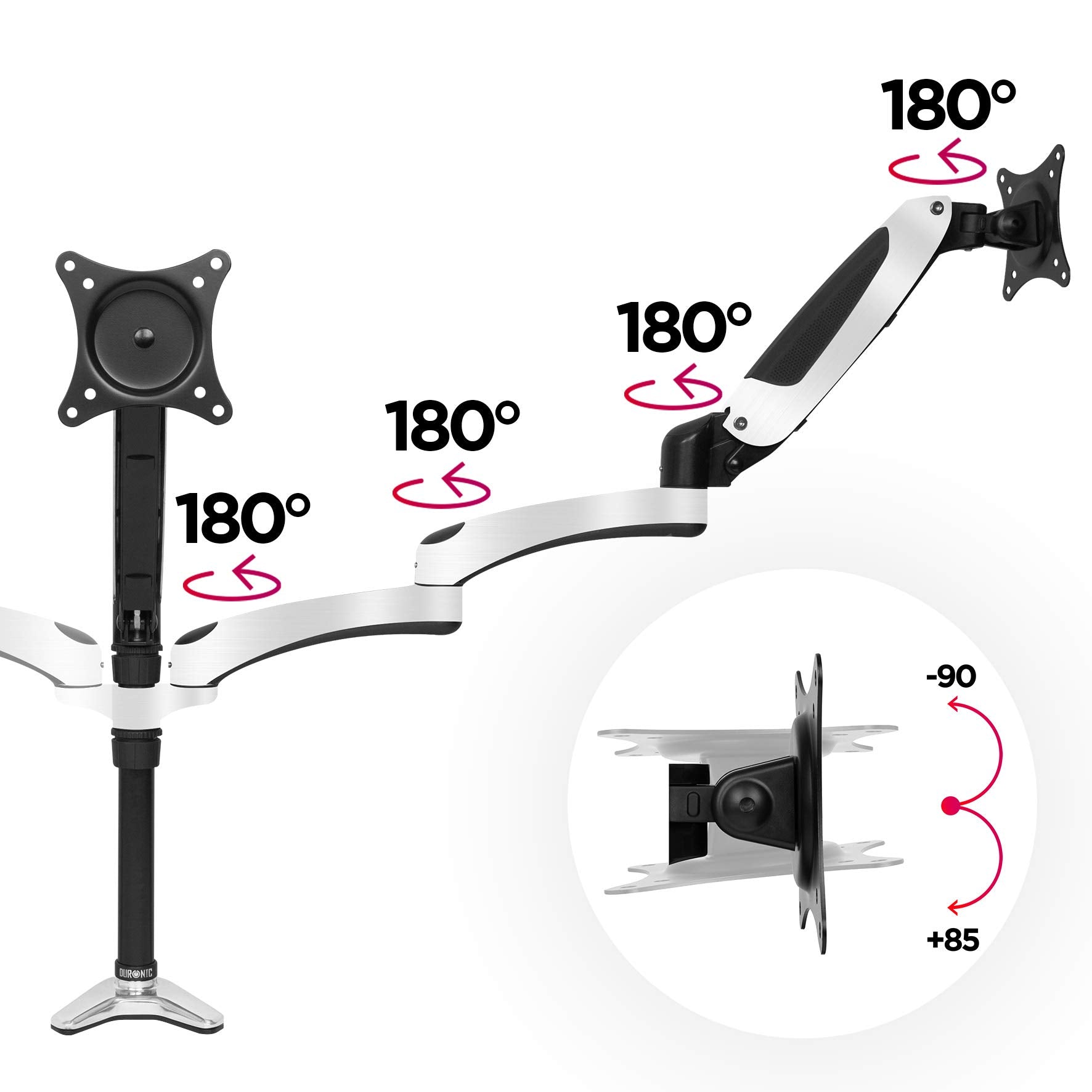 Duronic Monitor Arm Stand holding two screens, illustrating 360-degree rotation and weight capacity.