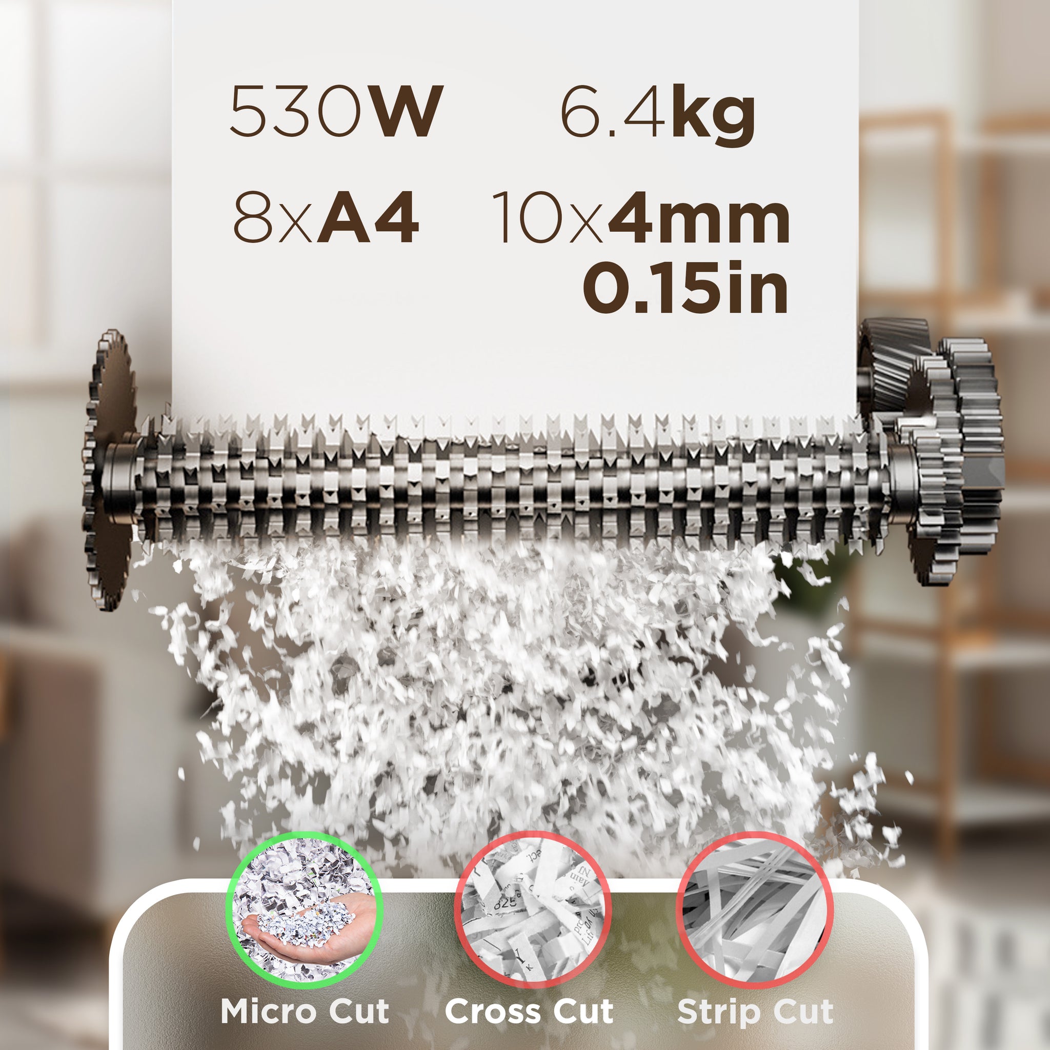 Duronic PS410 micro cut paper shredder with 530W wattage weighing 6.4kg to shred 8 A4 sheets of paper