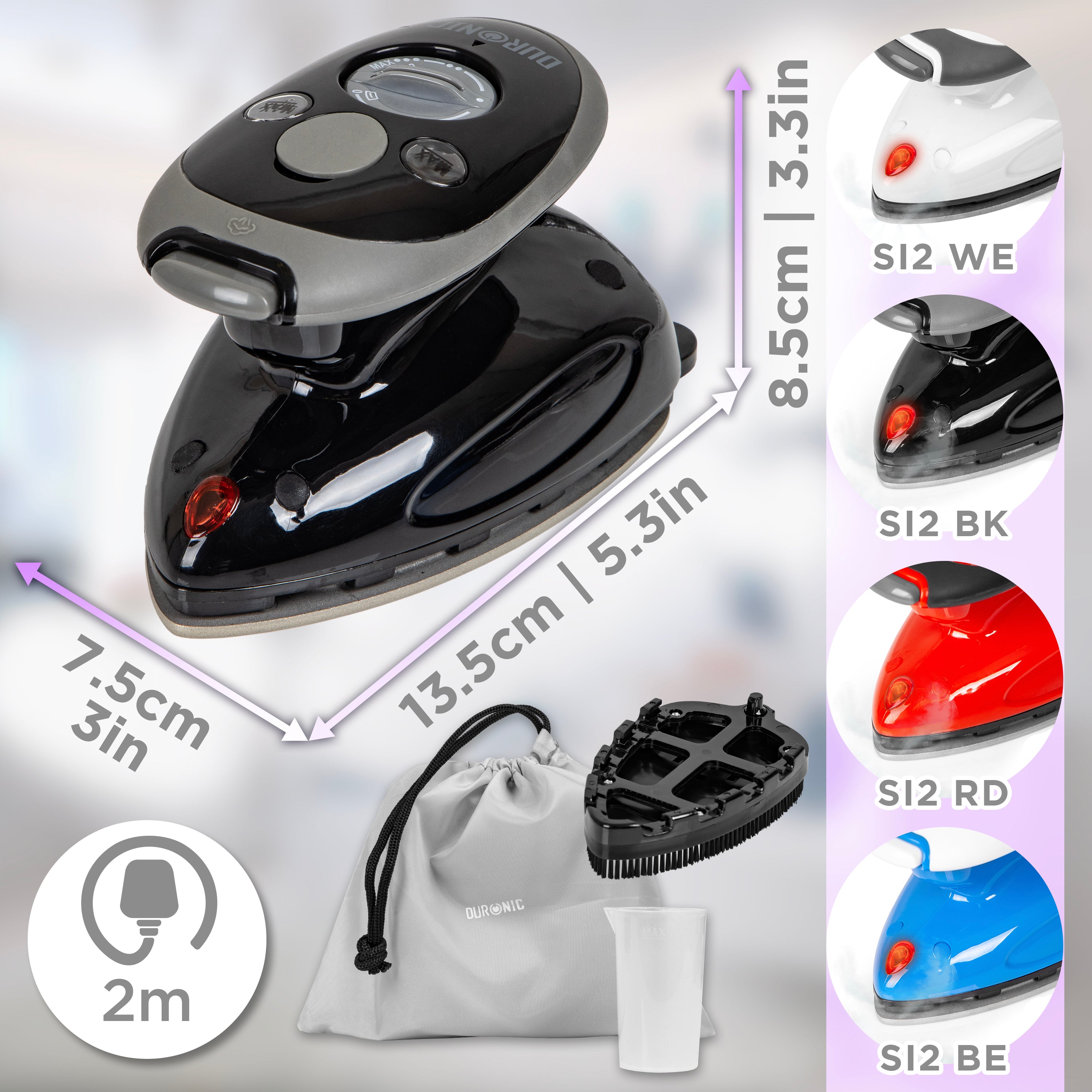 Duronic SI2 travel iron different colourways black white red blue dimensions with UK plug
