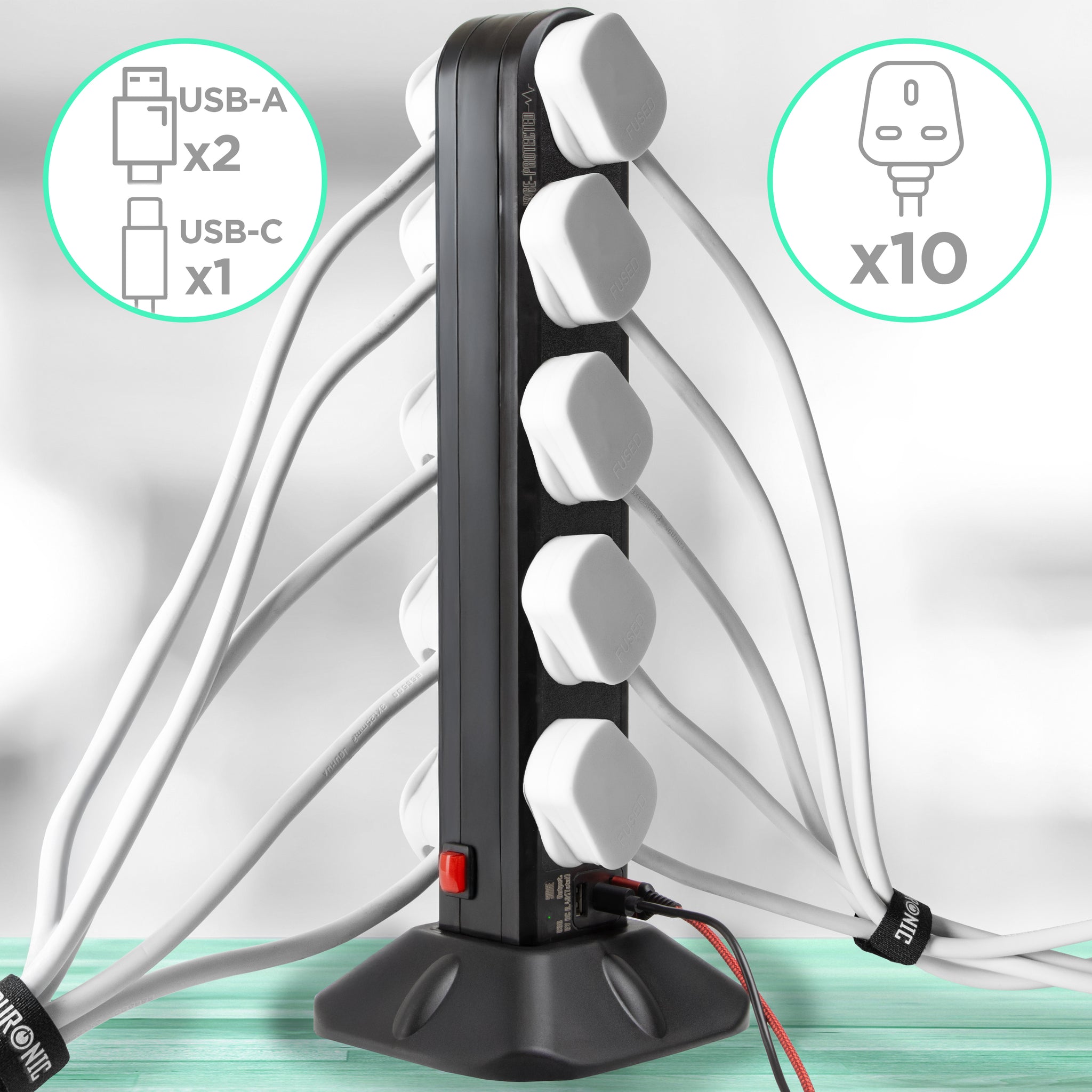 Duronic ST10B surge tower with 10 UK plug sockets 2 USB-A and 1 USB-C switch for office, home, school