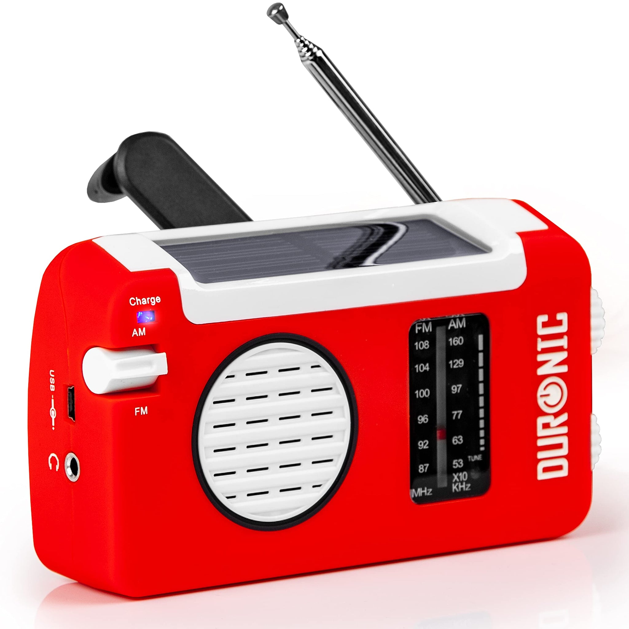Duronic Solar Radio, HYBRID featuring hand crank, solar panel, antenna, and AM FM tuner.