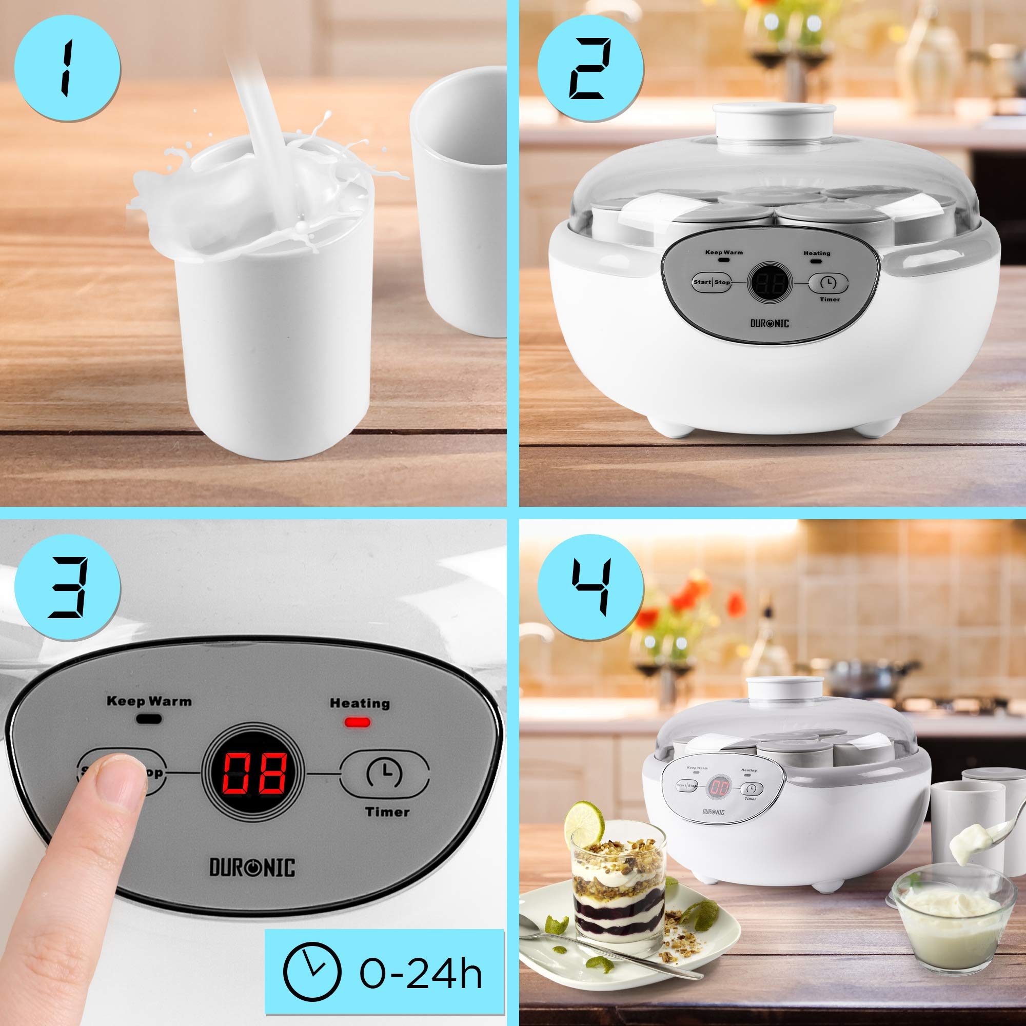 Duronic Yoghurt Makers YM2 Electric Yogurt Maker with Eight 125ml Ceramic Pots Digital Yogurt Making Machine for Homemade Natural Greek Yoghurt 20W Cheese Maker for Healthy Breakfast Protein Snack