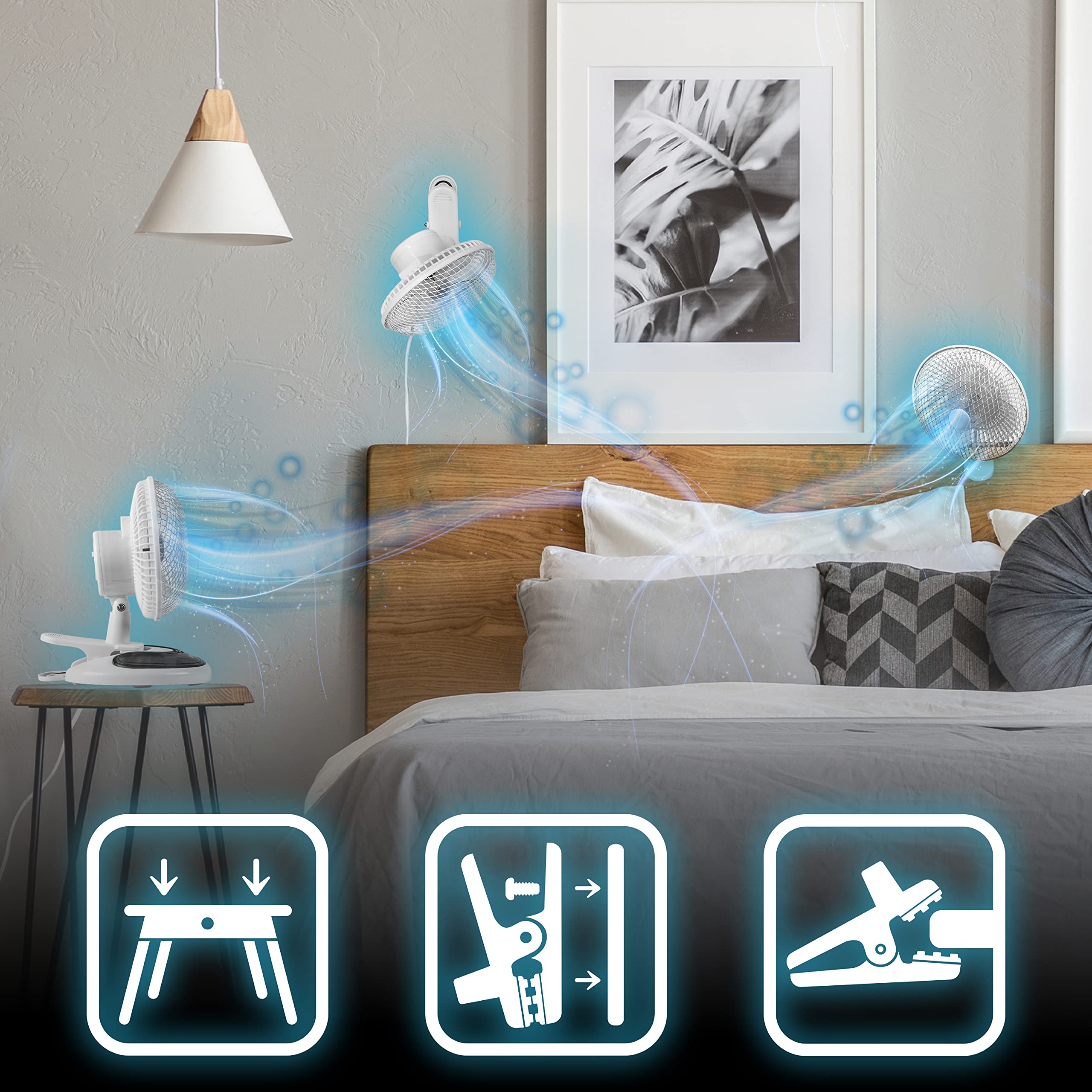 Duronic Mini Desk Fan FN15 Cooling Fan, Clip On Fan, Desktop Fan, Wall Mount, 2 Speed Oscillating Mountable Tilt Stand Fan with Storage Compartment, Air Cooler Portable Summer Fan for Office Home Bedroom Gym Travel Holidays