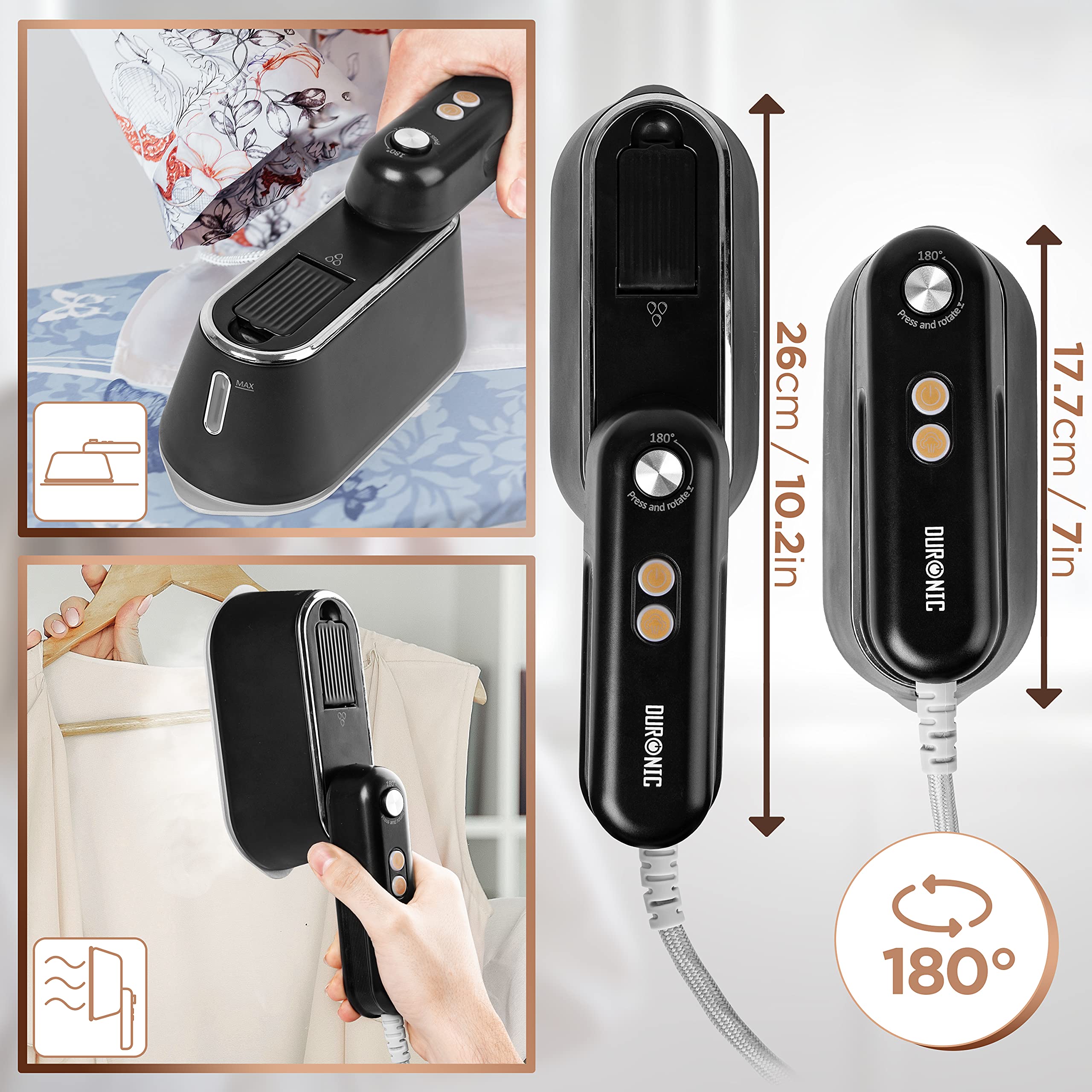 Duronic Steam Irons HS90 BK 1200W Travel Iron Garment Steamers with 90ml Tank, Handheld Vertical Steamer for Travel, Holiday, Quilting, Craft, Crease & Wrinkle Remover, Black