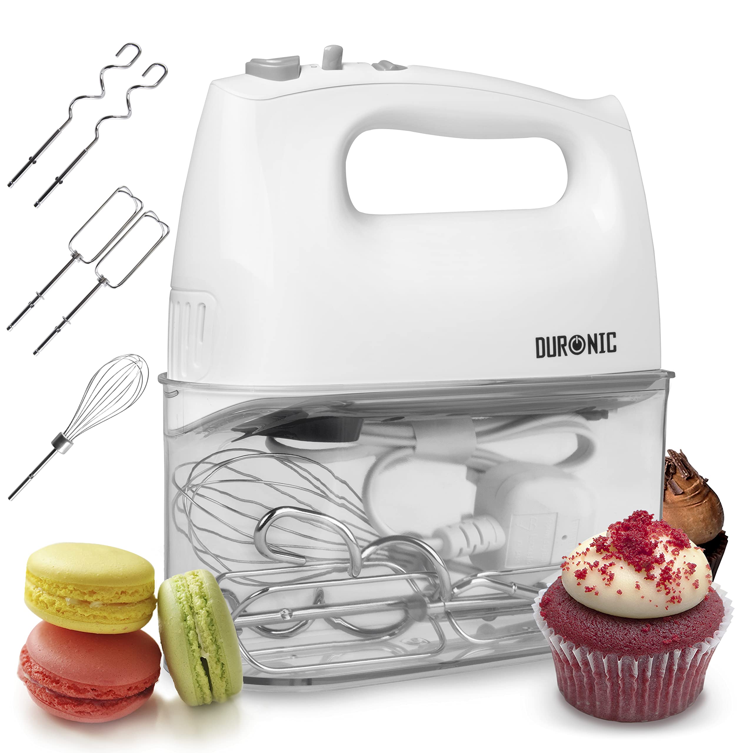 Duronic Hand Mixer Electric Whisk HM4 WE Kitchen Handheld Hand Held Food Mixers for Baking, Dough, Bread, Eggs, Cake Mix, Cream, Brownie Maker Mixer with Whisker Hooks Beater Storage Case 400W - White