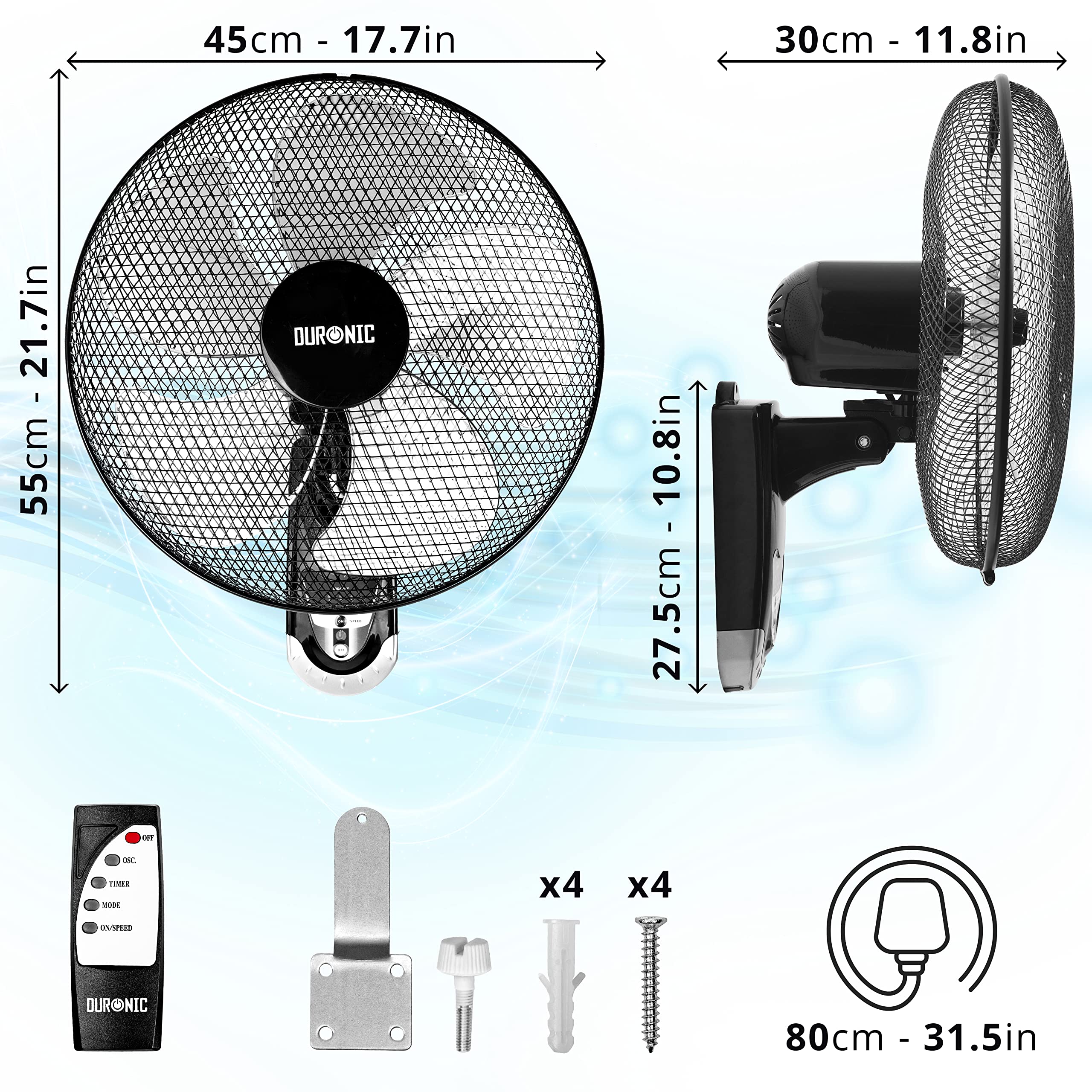 Duronic Wall Fan FN55 Wall Mounted Fans with Remote Control, 16 Inch 3 Speeds, Timer, Black Fan Oscillating Head with 5 Blades for Ultimate Air Cooling For Home, Office