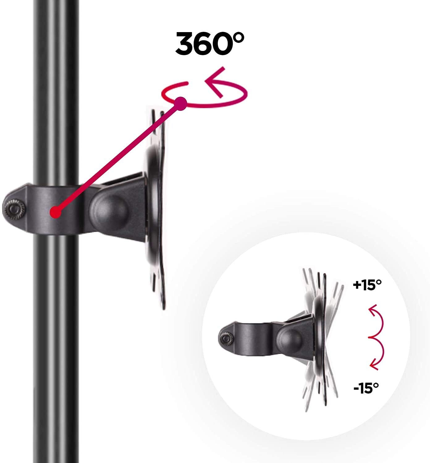 Duronic DM15D1 Monitor Stand showing 360-degree rotation and 15-degree tilt adjustment features.