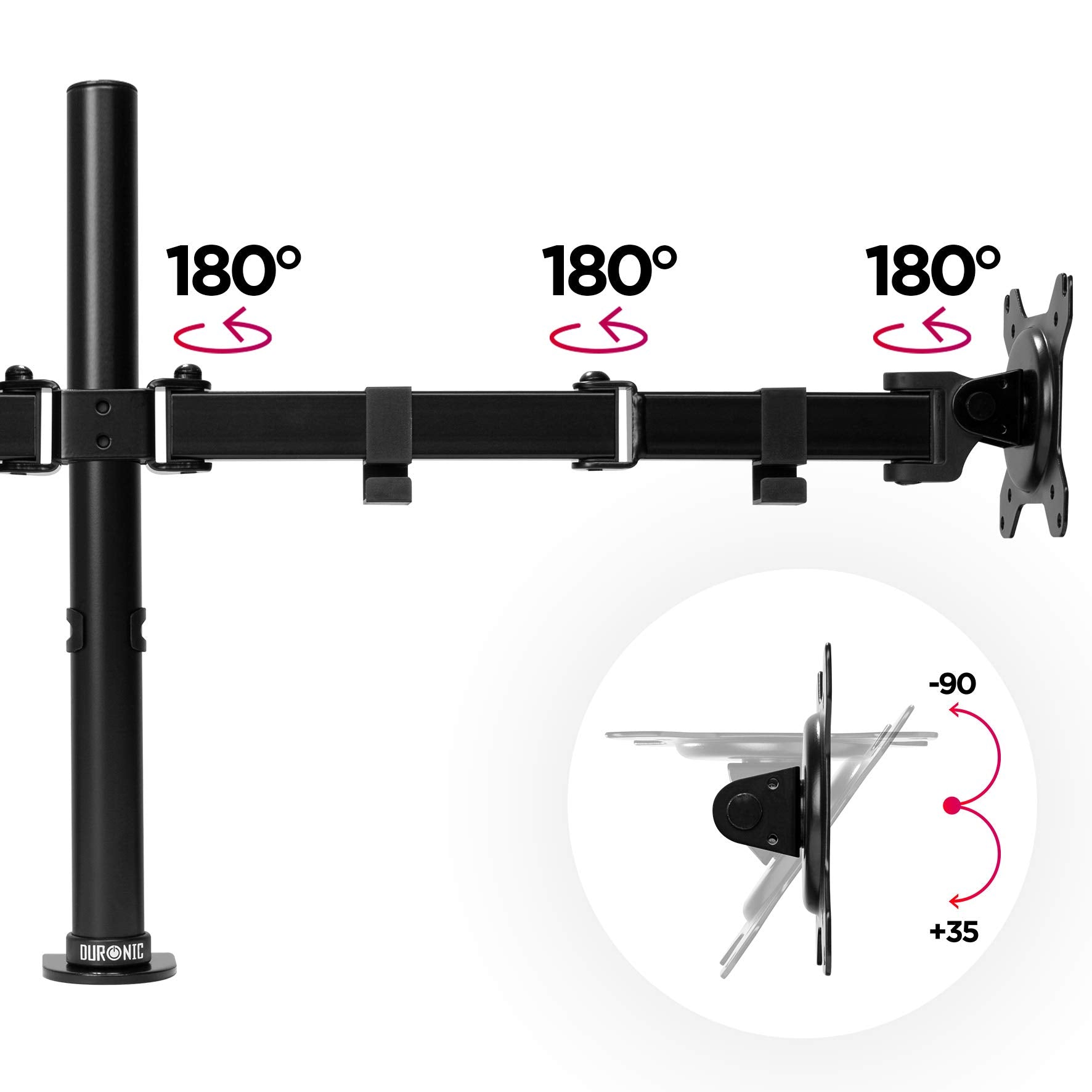 Duronic Dual Monitor Stand showing 180-degree swivel joints and a -90 to +35-degree tilt range.