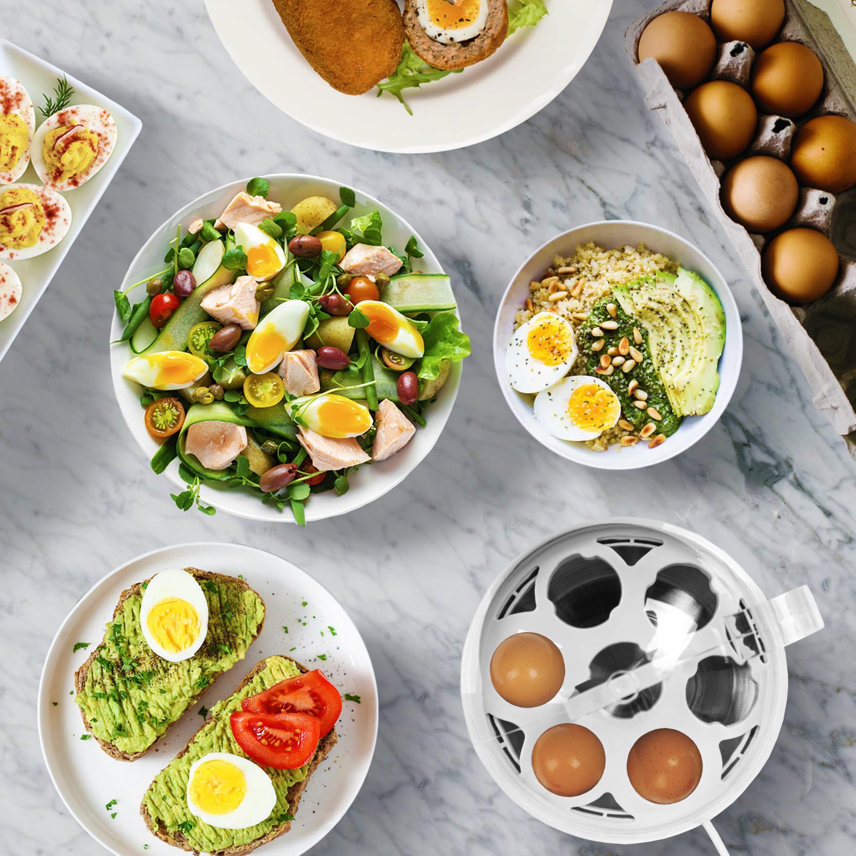 Duronic EB27 WE electric egg boiler cooking eggs for dishes shown like egg salad, protein bowl, avocado egg toast