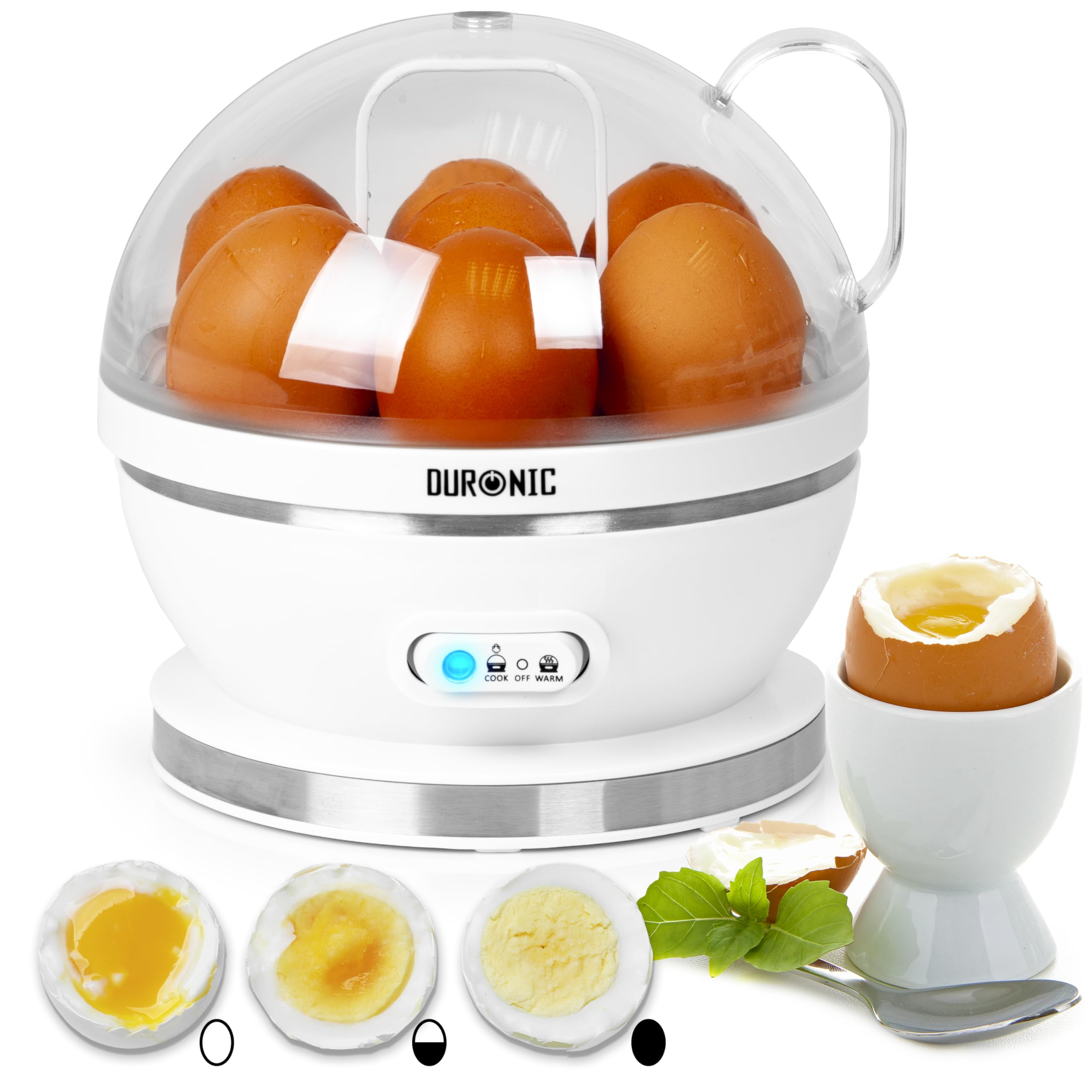 Duronic EB27 WE electric egg boiler to cook 7 eggs soft boiled, medium boiled, hard boiled with keep-warm function