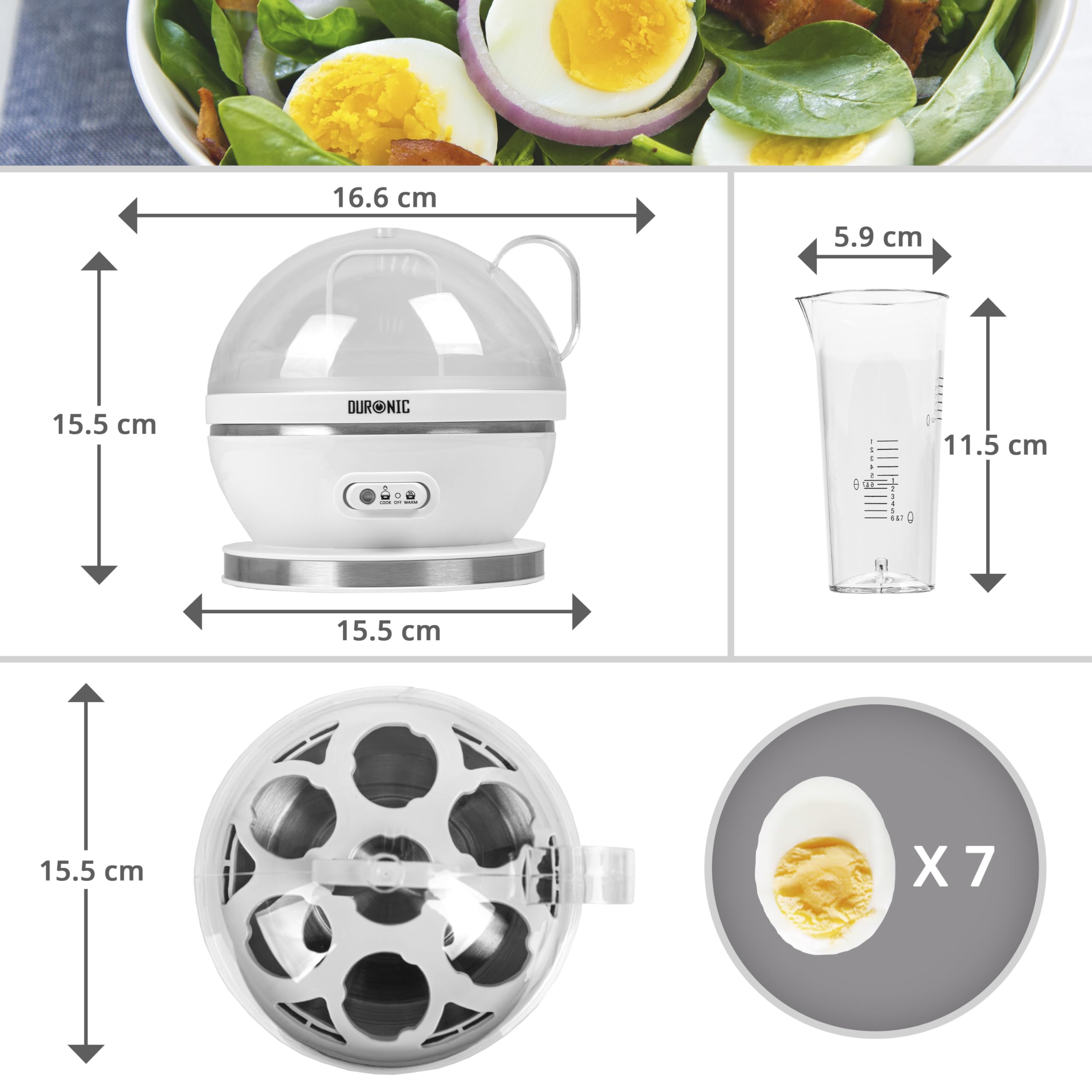 Duronic EB27 WE white egg boiler dimensions height, length, width with measuring cup to cook 7 eggs perfectly