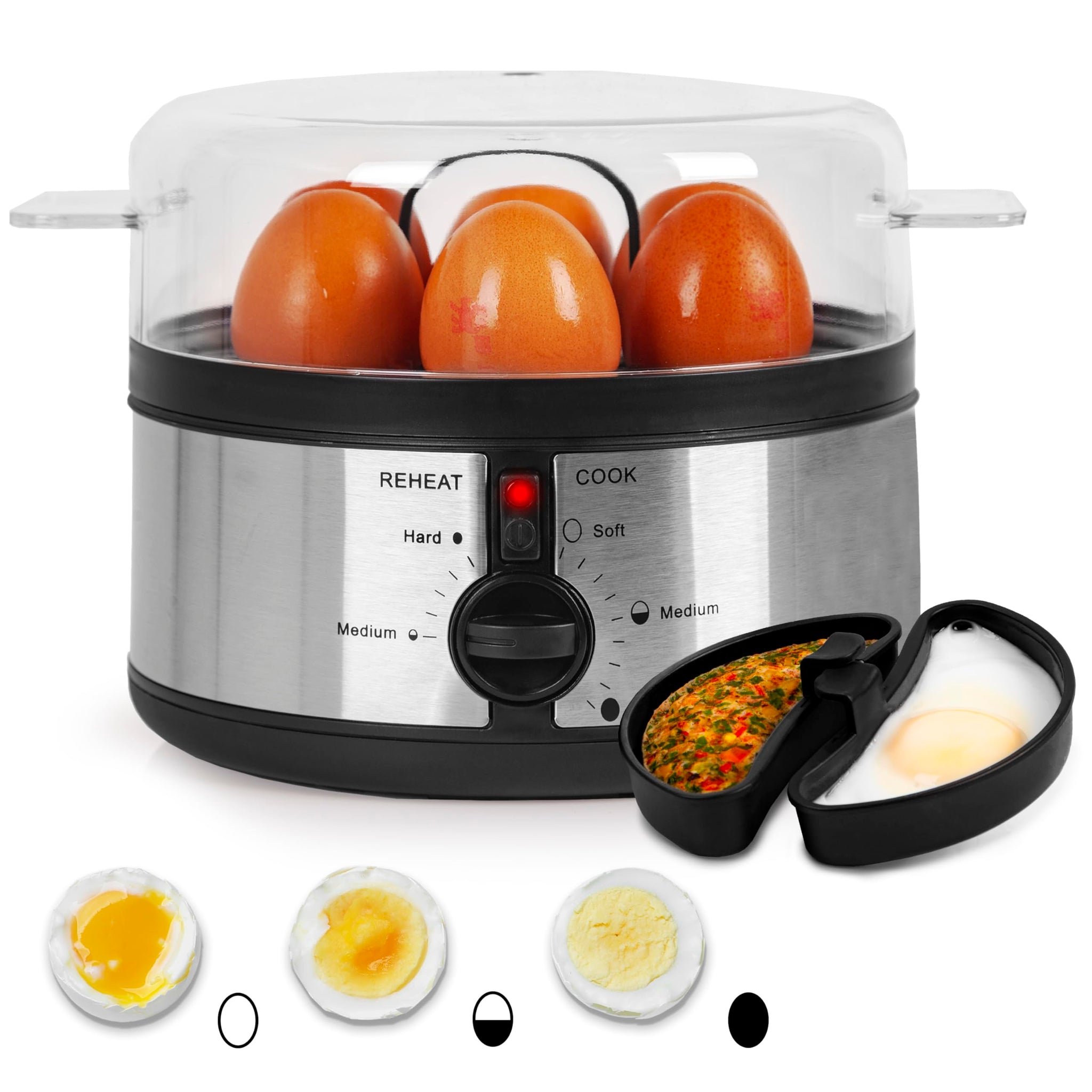 Duronic EB35 BK electric egg boiler to cook 7 eggs at once, whether its soft, medium or hard boiled eggs including omelette trays