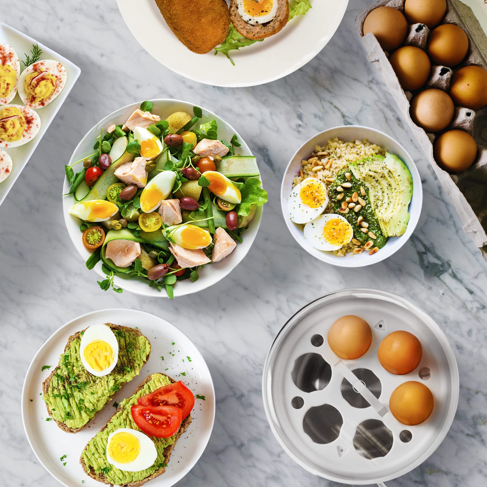 Duronic EB35 WE automatic egg boiler on kitchen countertop with different dishes like egg salad, avocado toast, scotch eggs