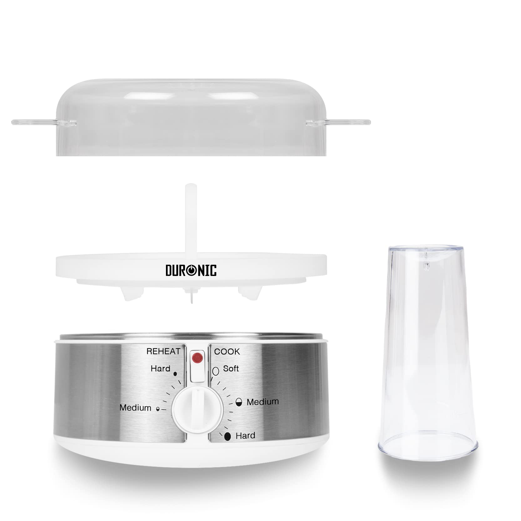 Duronic EB35 WE white egg cooker showcasing each individual part with water piercer cup