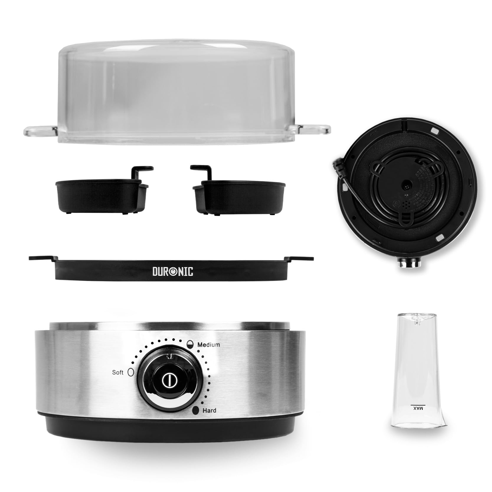 Duronic EB40 BK electric egg cooker deconstructed to show each individual part