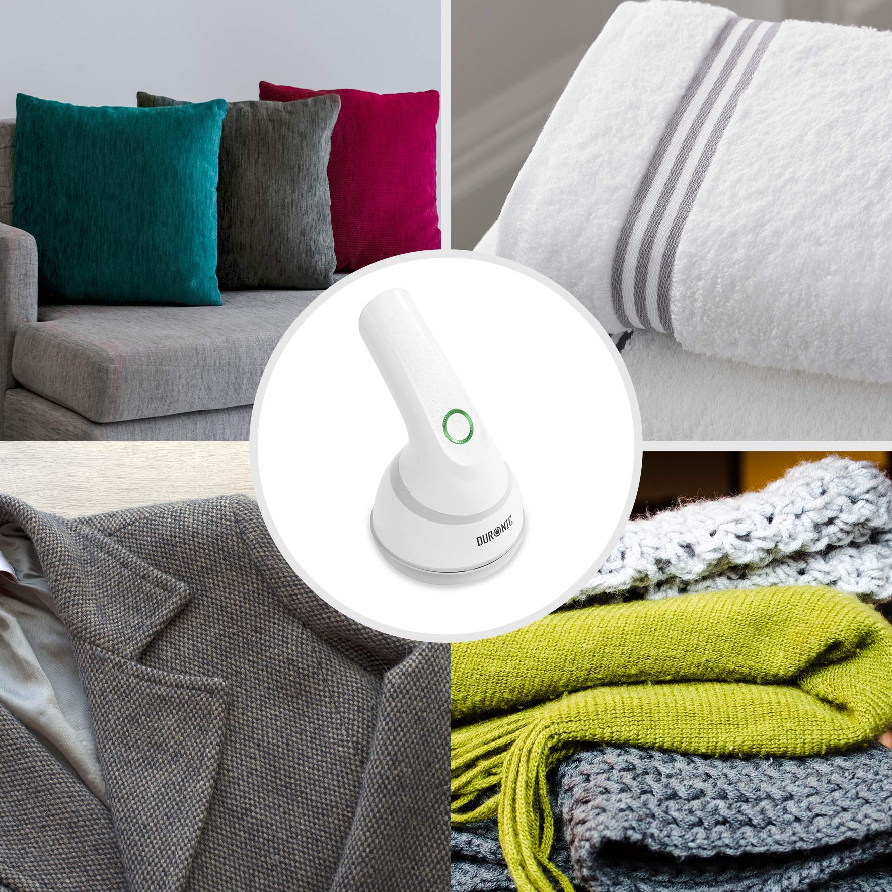 Duronic Fabric Shaver surrounded by cushions, towels, a wool coat, and knit blankets.