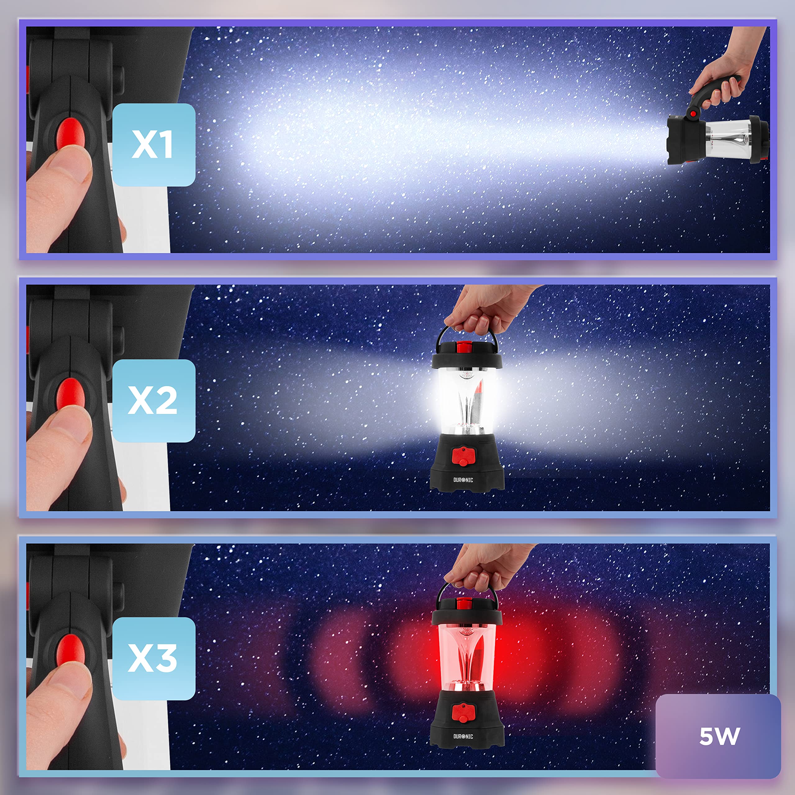 Duronic Hurricane camping flashlight with 3 different switches for handheld torch, lantern mode, red warning light