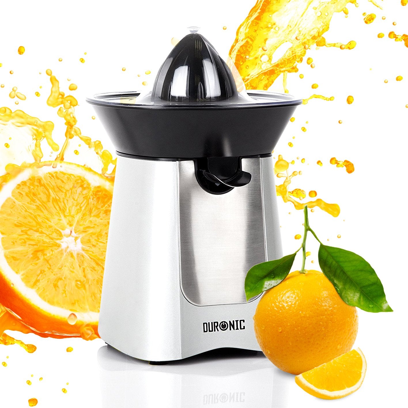Duronic JE6SR electric citrus juicer shown aesthetically with oranges