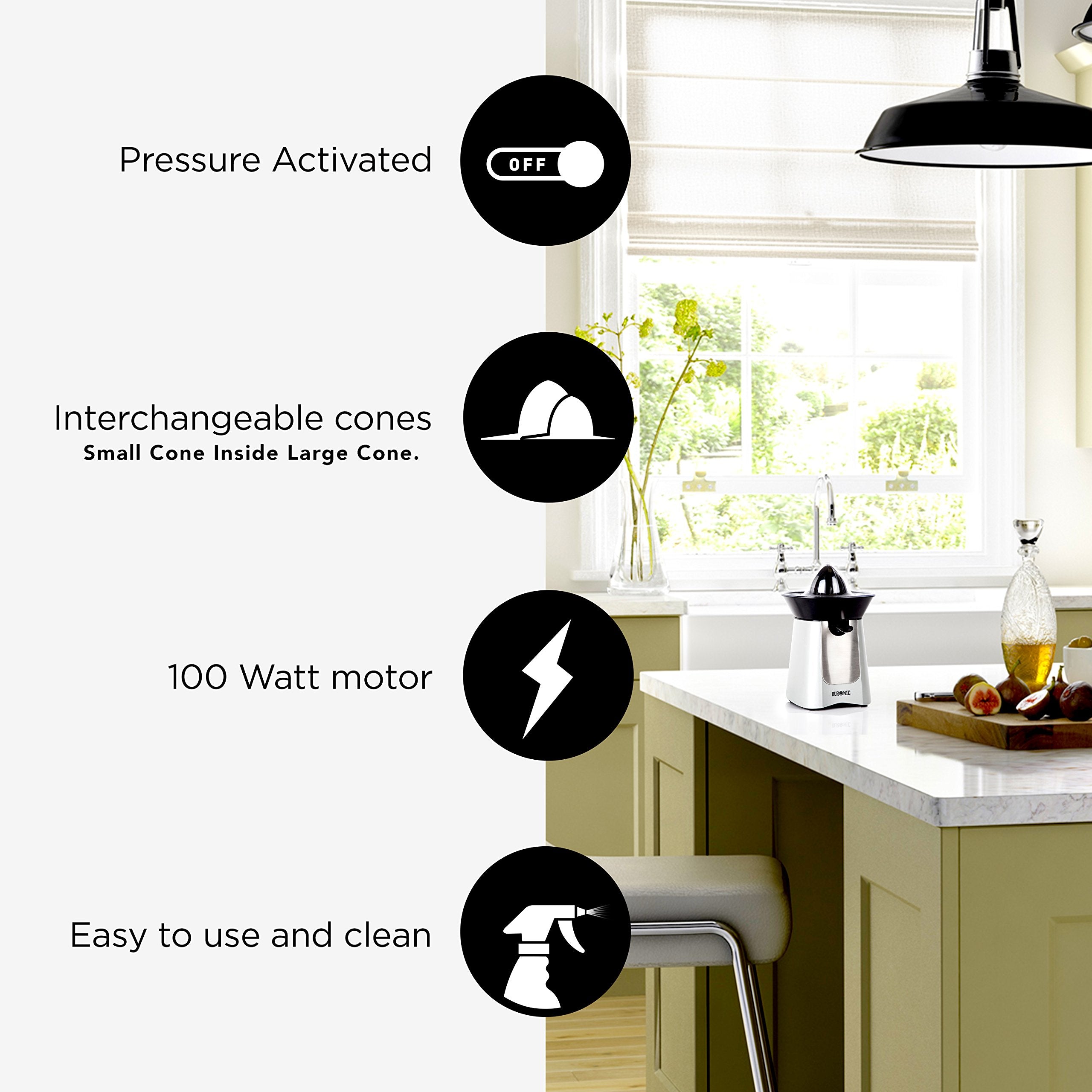 Duronic JE6SR electric citrus juicer with interchangeable cones and 100W motor while showing its ease to use and clean