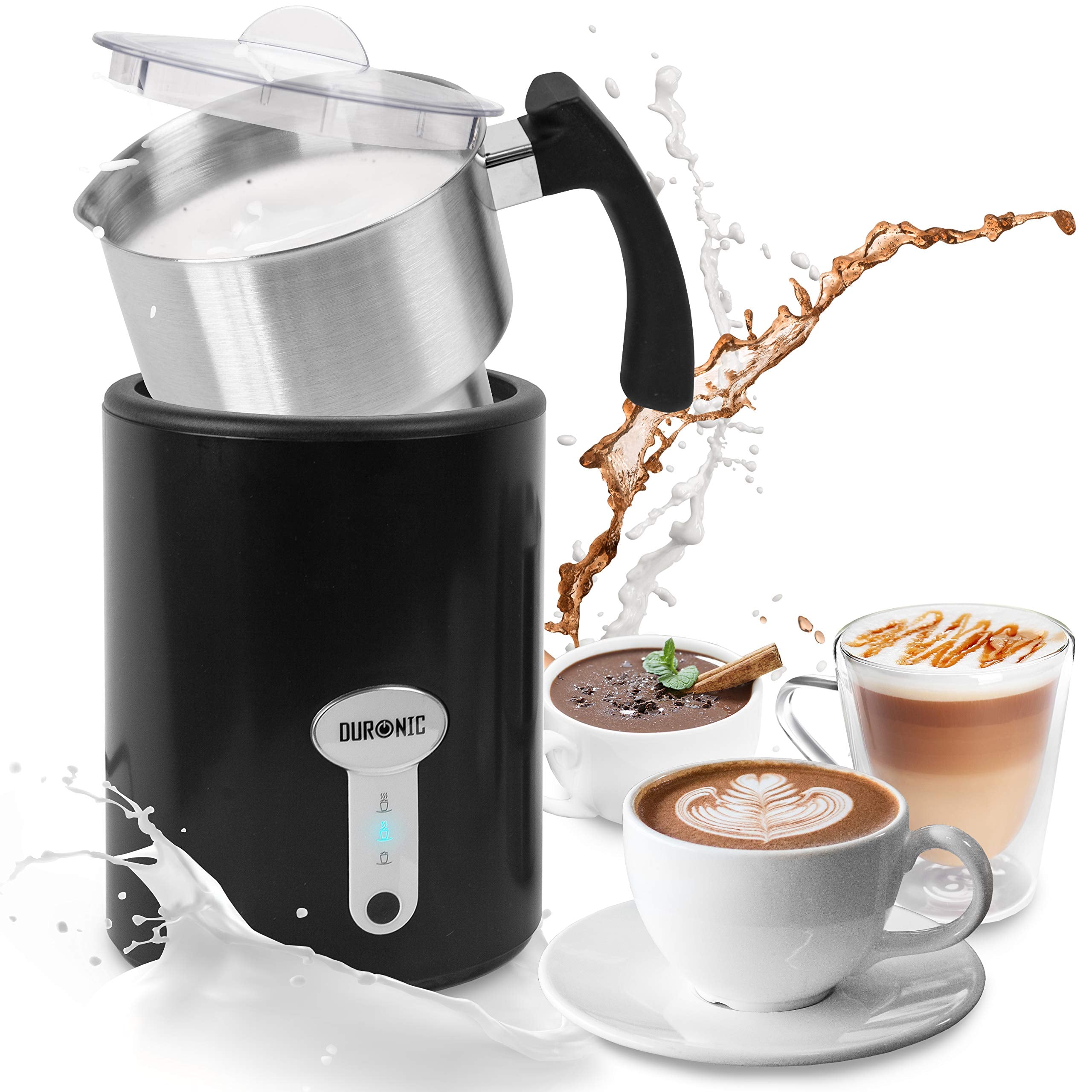 Duronic MF500 BK electric milk frother surrounded by hot chocolate, tea and coffee