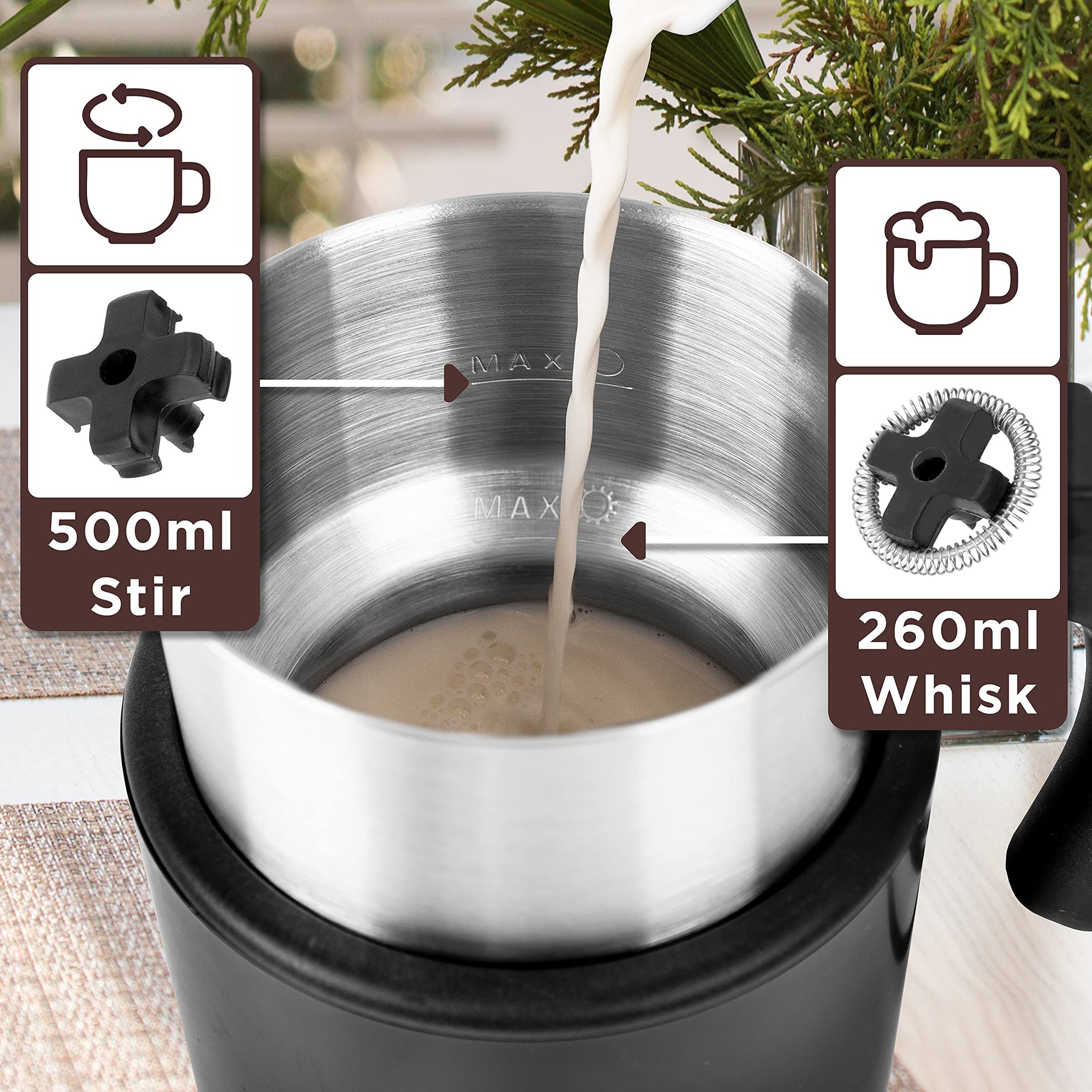 Duronic MF500 BK electric milk frother with 2 magnetic stirrers included, for either hot or cold foam/milk