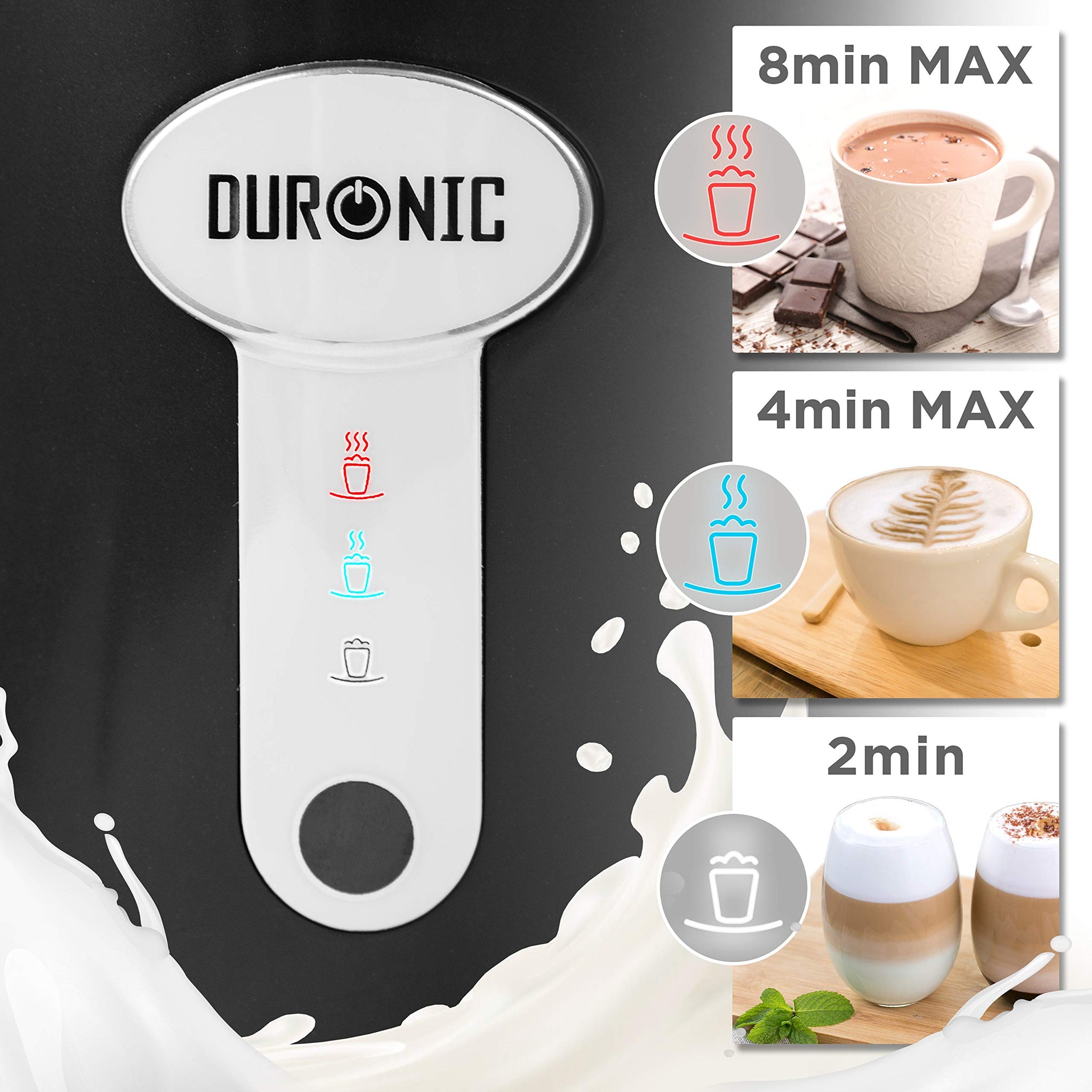 Duronic MF500 BK electric milk frother with 3 touch settings, for hot foam, cold foam, or hot milk for tea, coffee, hot chocolate
