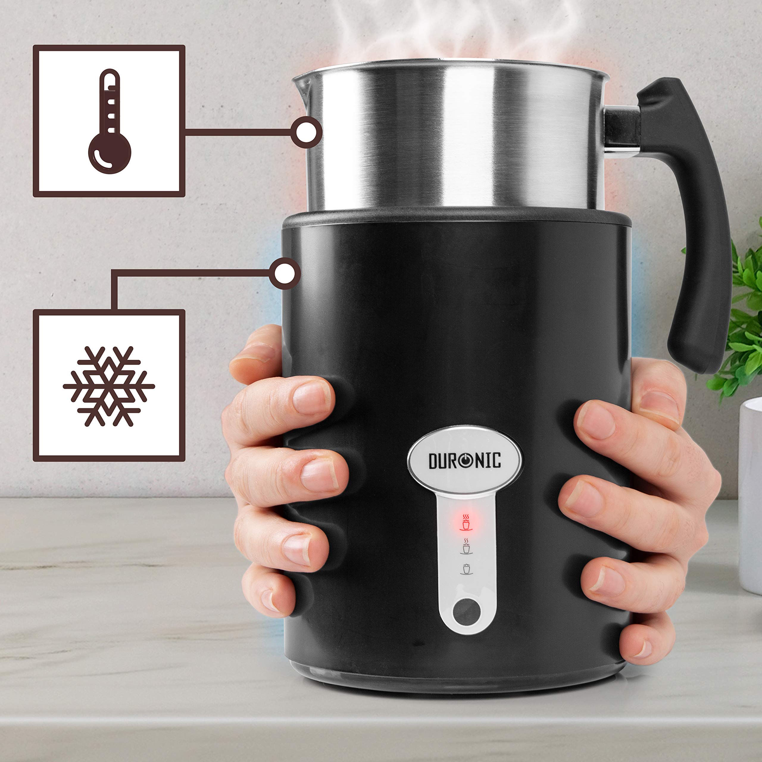 Duronic MF500 BK electric milk steamer with a cool touch base, to ensure it's always safe and comfortable to touch