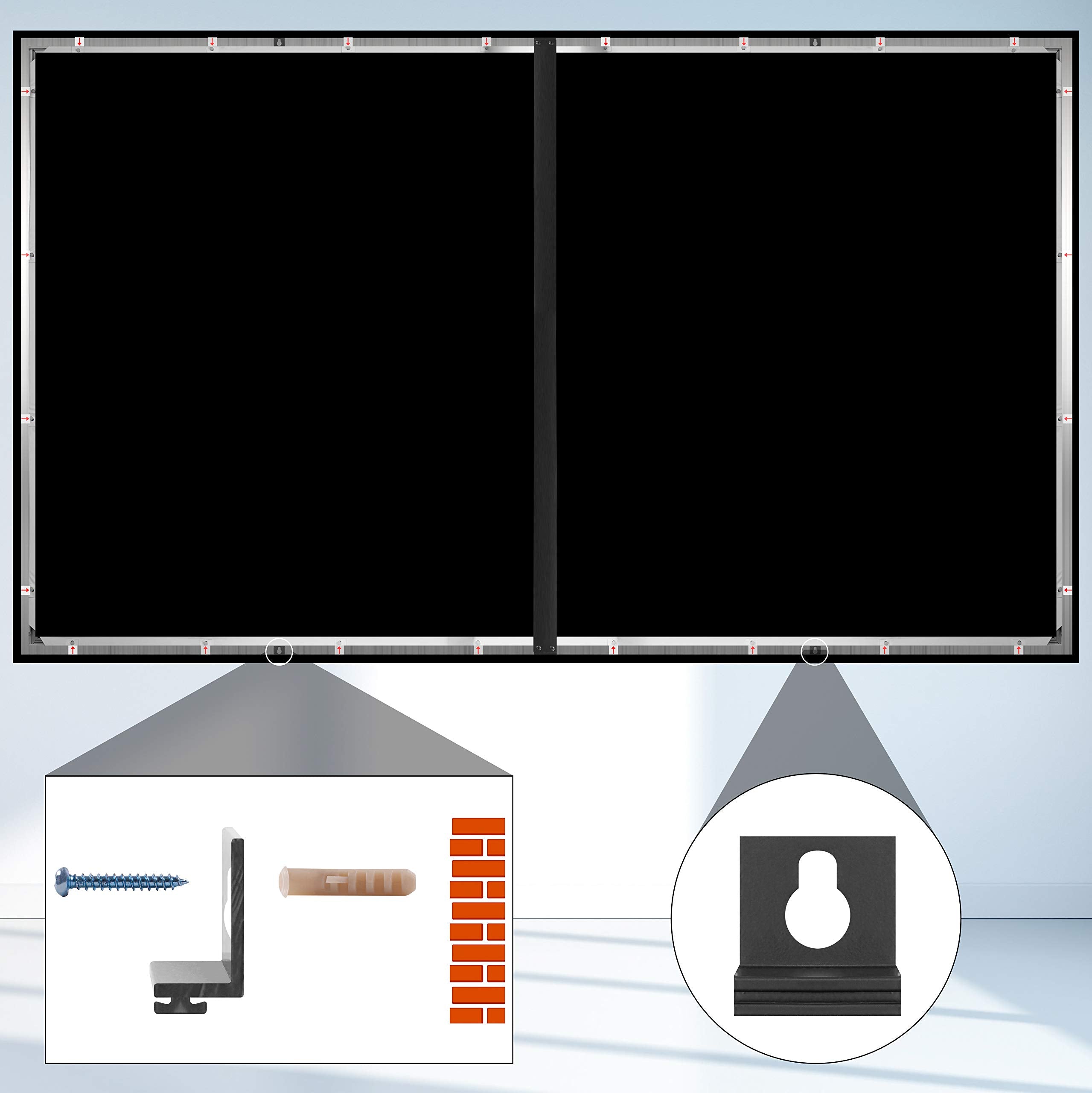 Duronic Projector Screen showing hardware, drywall anchor, brick installation, and keyhole slot design.