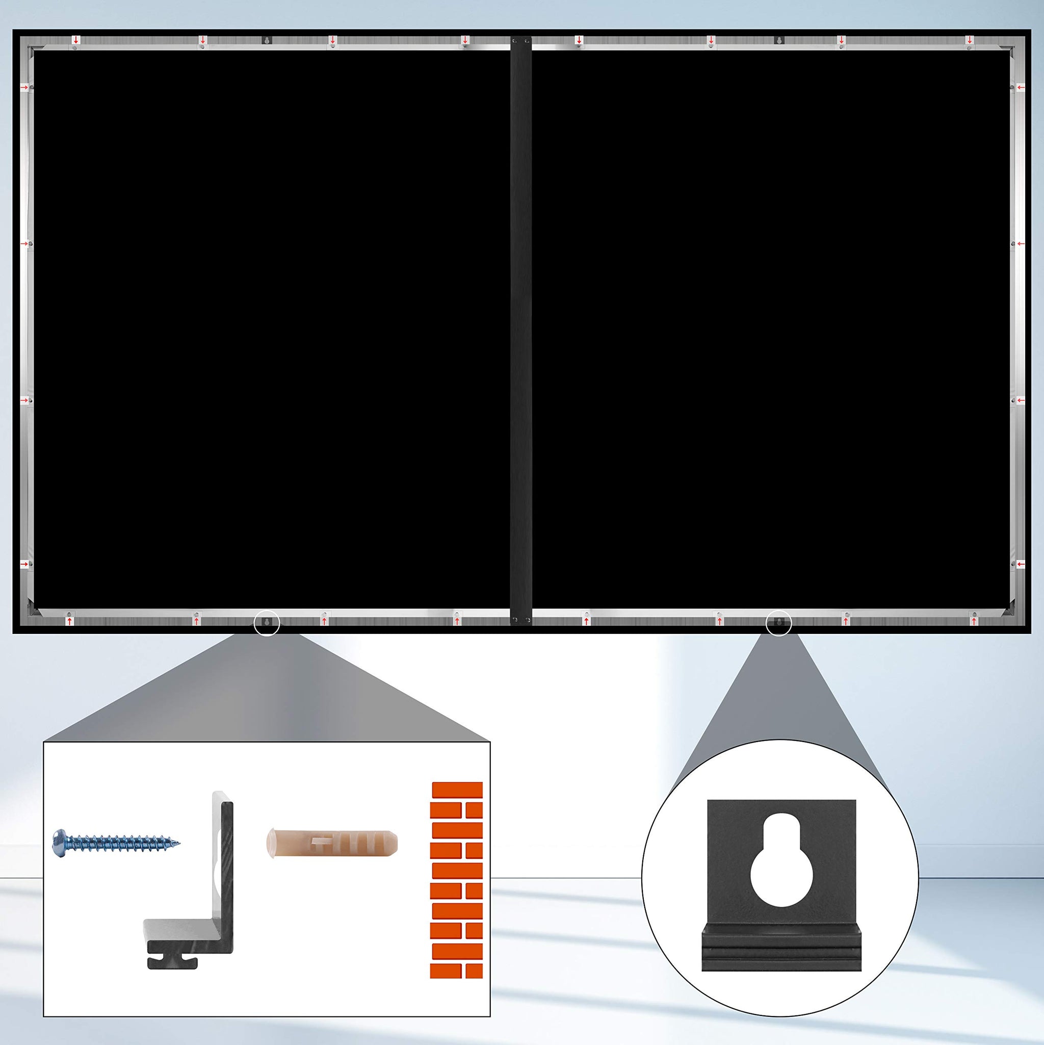Duronic Projector Screen showing hardware, drywall anchor, brick installation, and keyhole slot design.