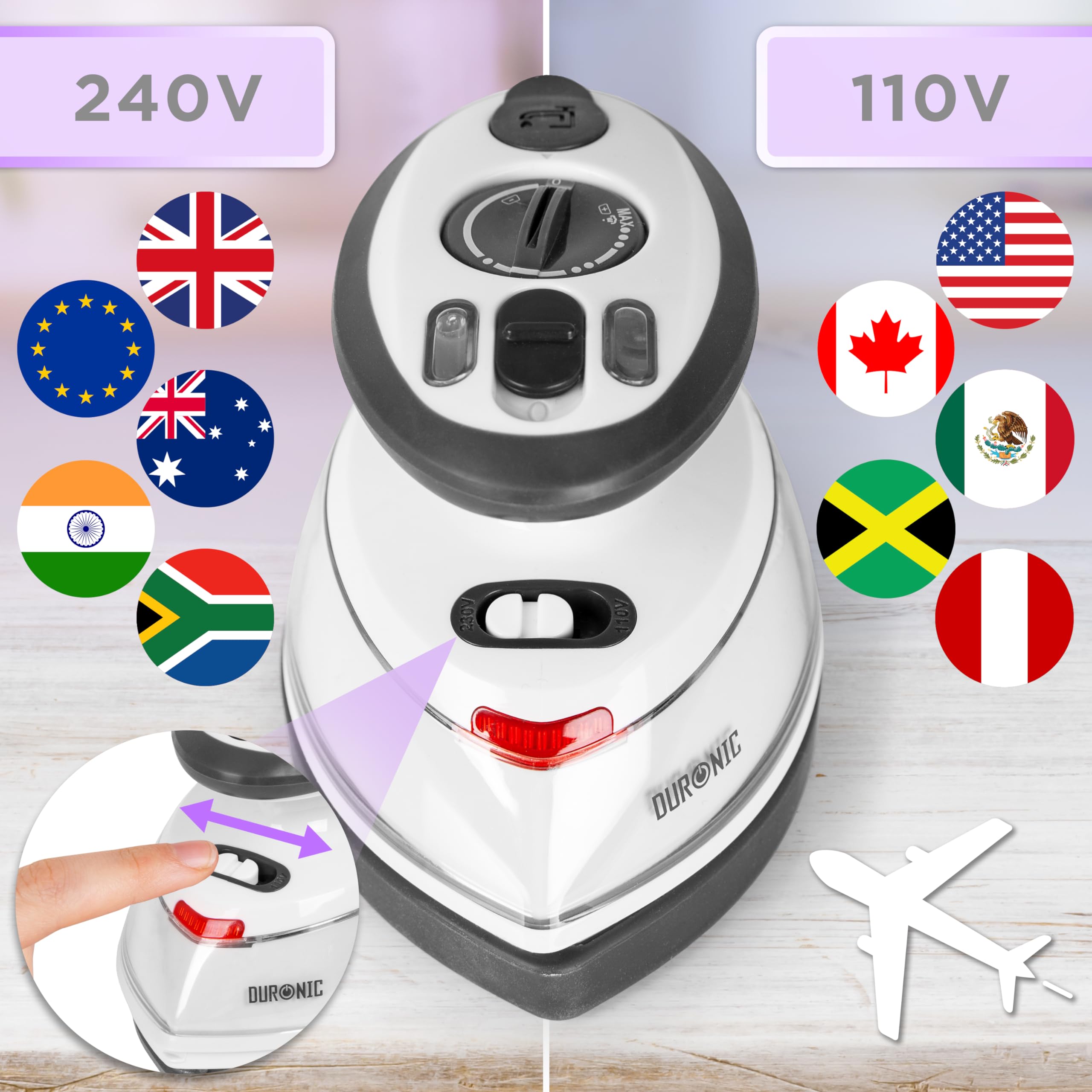 Duronic SI3 WE portable travel iron with dual voltage to iron universally in any country