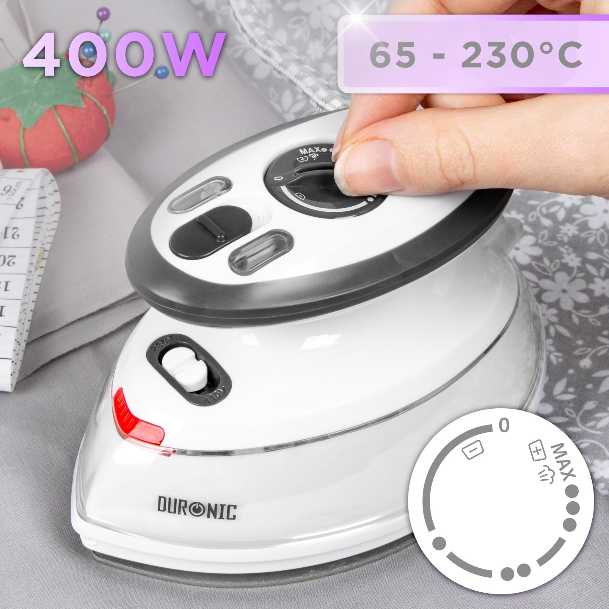 Duronic SI3 WE steam iron wattage 400W with temperature dial for clothing, patchwork, applique, crafting
