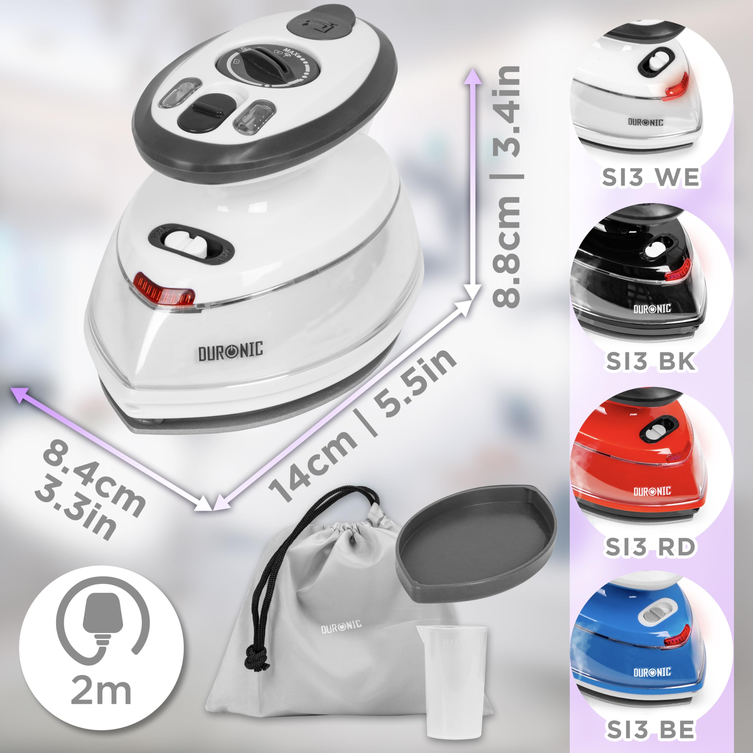 Duronic SI3 travel iron dimensions height, length, width, available in different variations under SI3 WE, SI3 BK, SI3 RD, SI3 BE