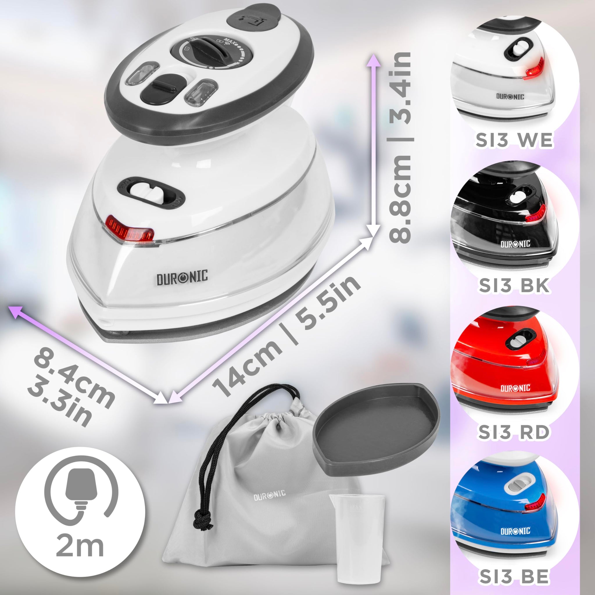 Duronic SI3 travel iron dimensions height, length, width, available in different variations under SI3 WE, SI3 BK, SI3 RD, SI3 BE