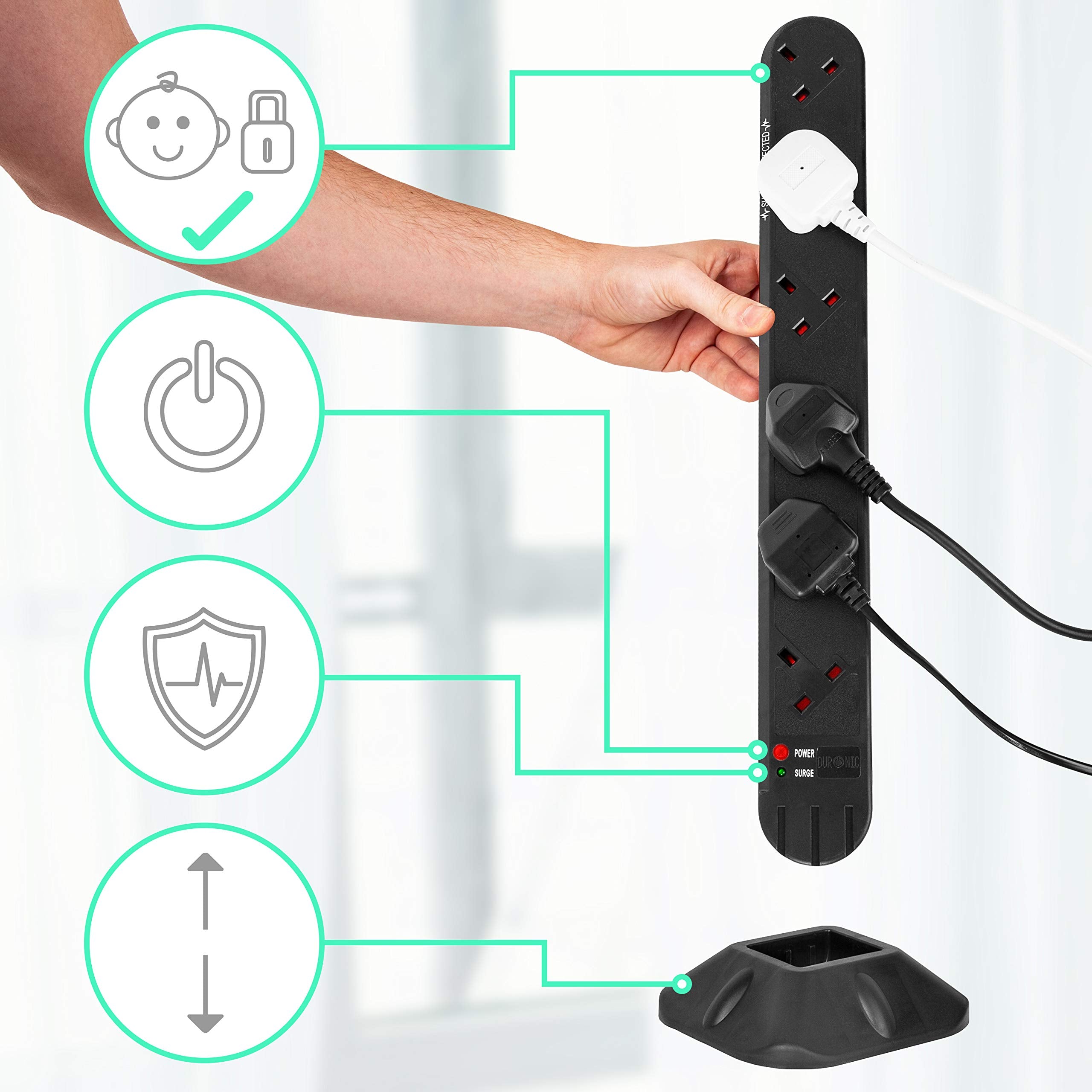 Duronic ST12B extension tower with stand child friendly and surge protection 12 sockets for laptop, tv, phone charging