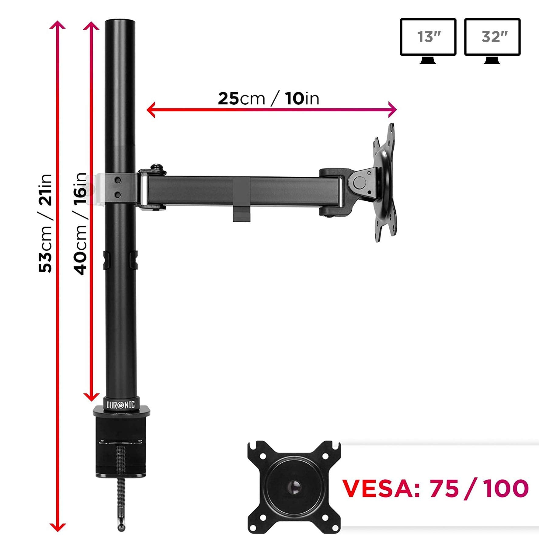 Duronic Single Monitor Arm Stand showing physical dimensions, VESA compatibility, and screen sizes.