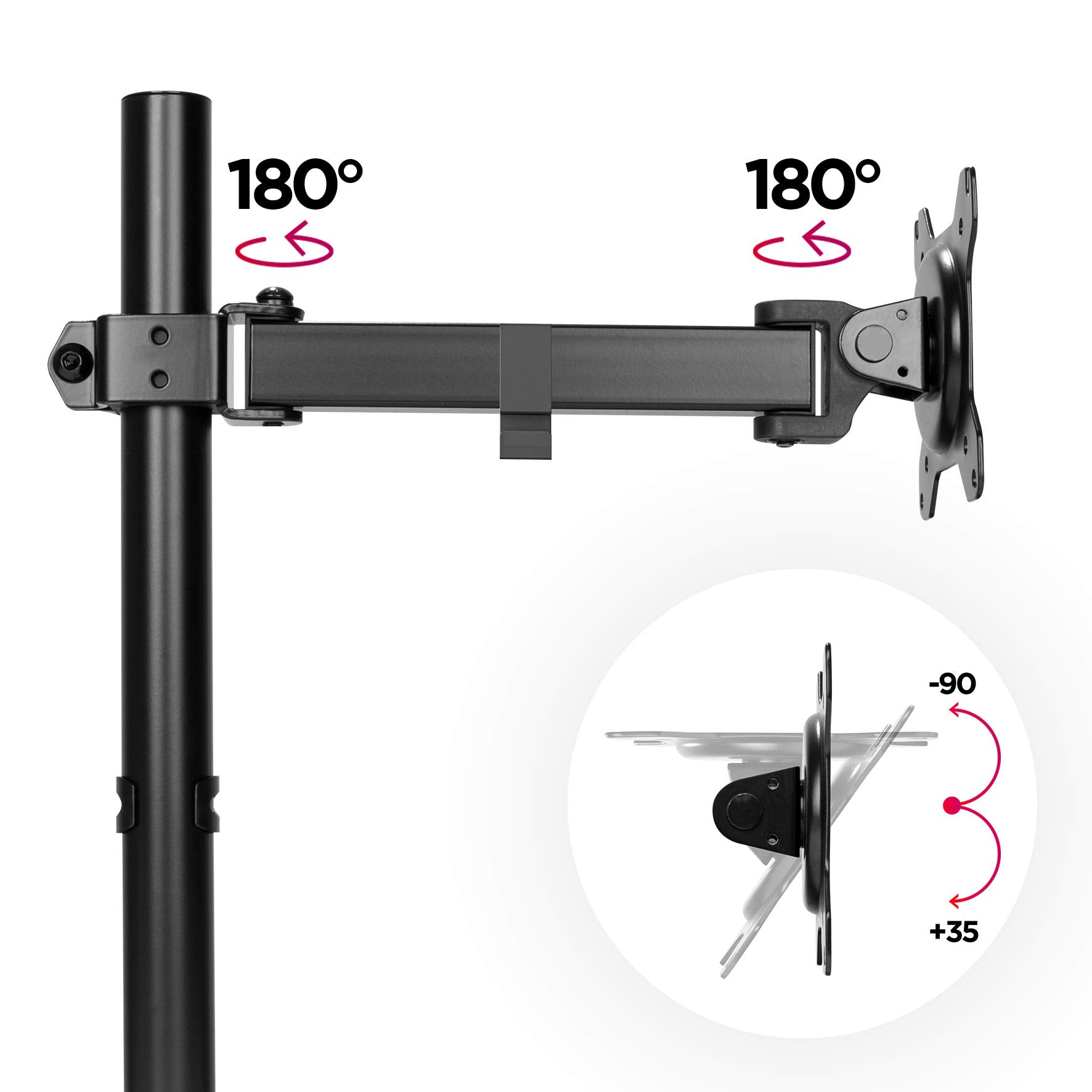 Duronic Single Monitor Arm Stand showing swiveling hinges, tilting angles, and vertical support pole.