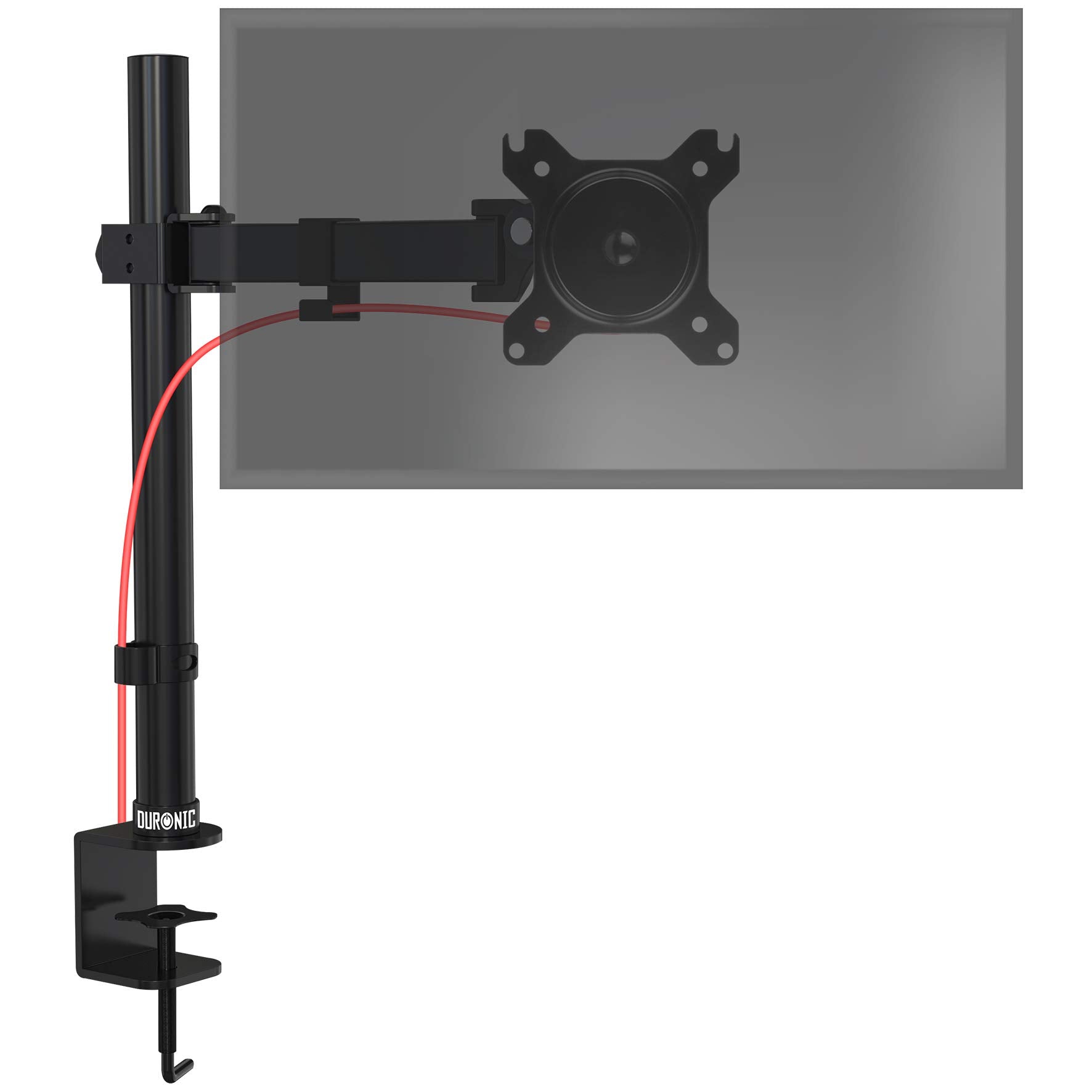 Duronic Single Monitor Arm Stand with a desk clamp, adjustable arm, and attached red cable.