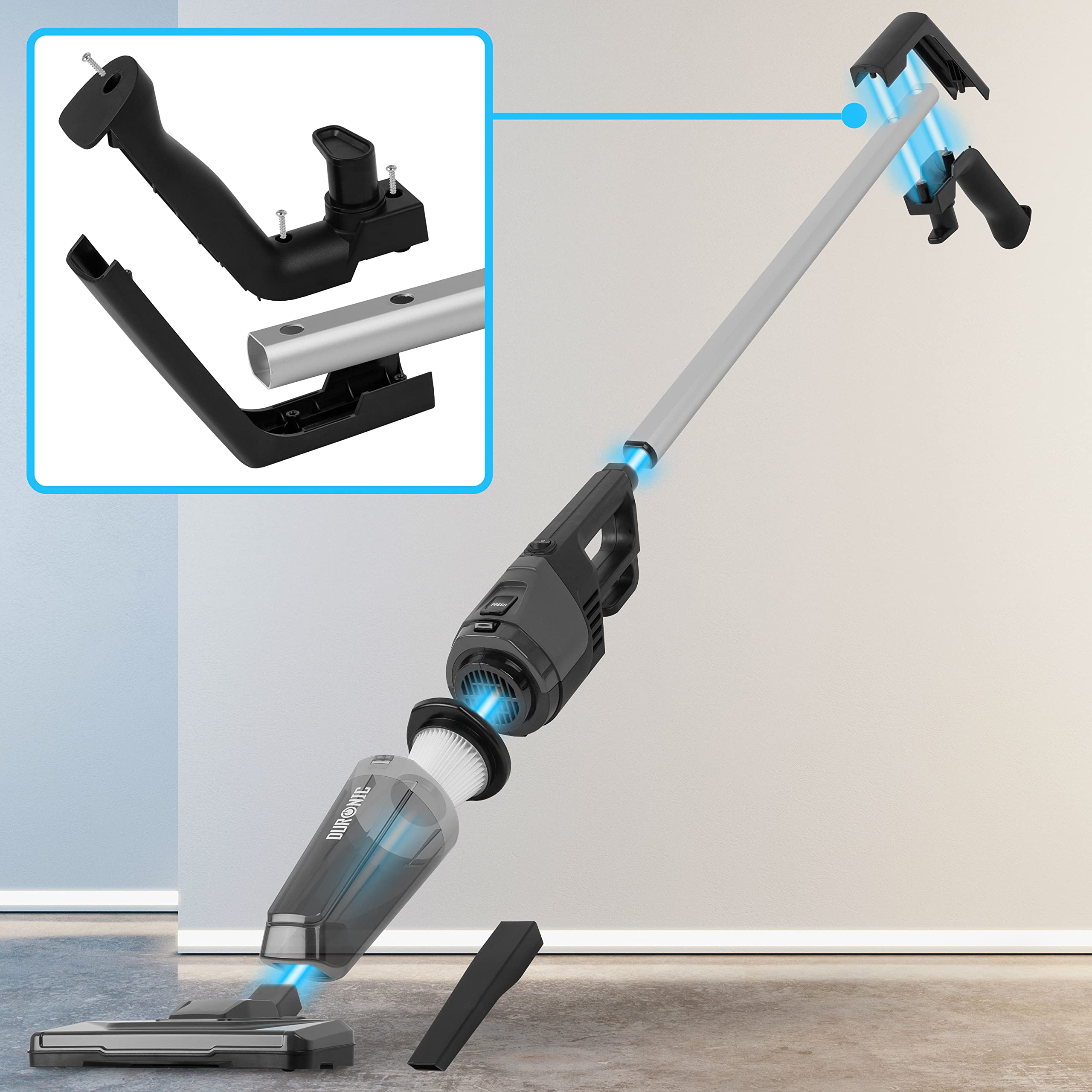Duronic VC9 upright vacuum cleaner easy to click in attach and detach attachments