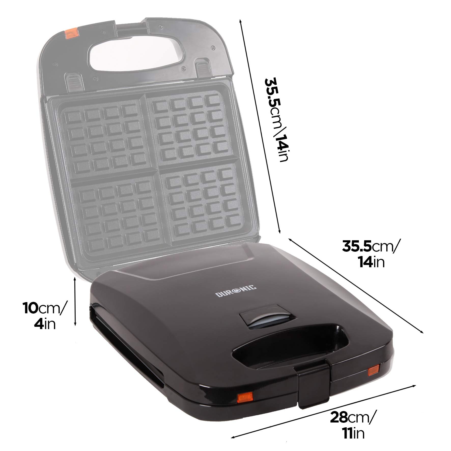 Duronic WM60 electric waffle iron dimensions height, length, width, depth and area of cooking surface