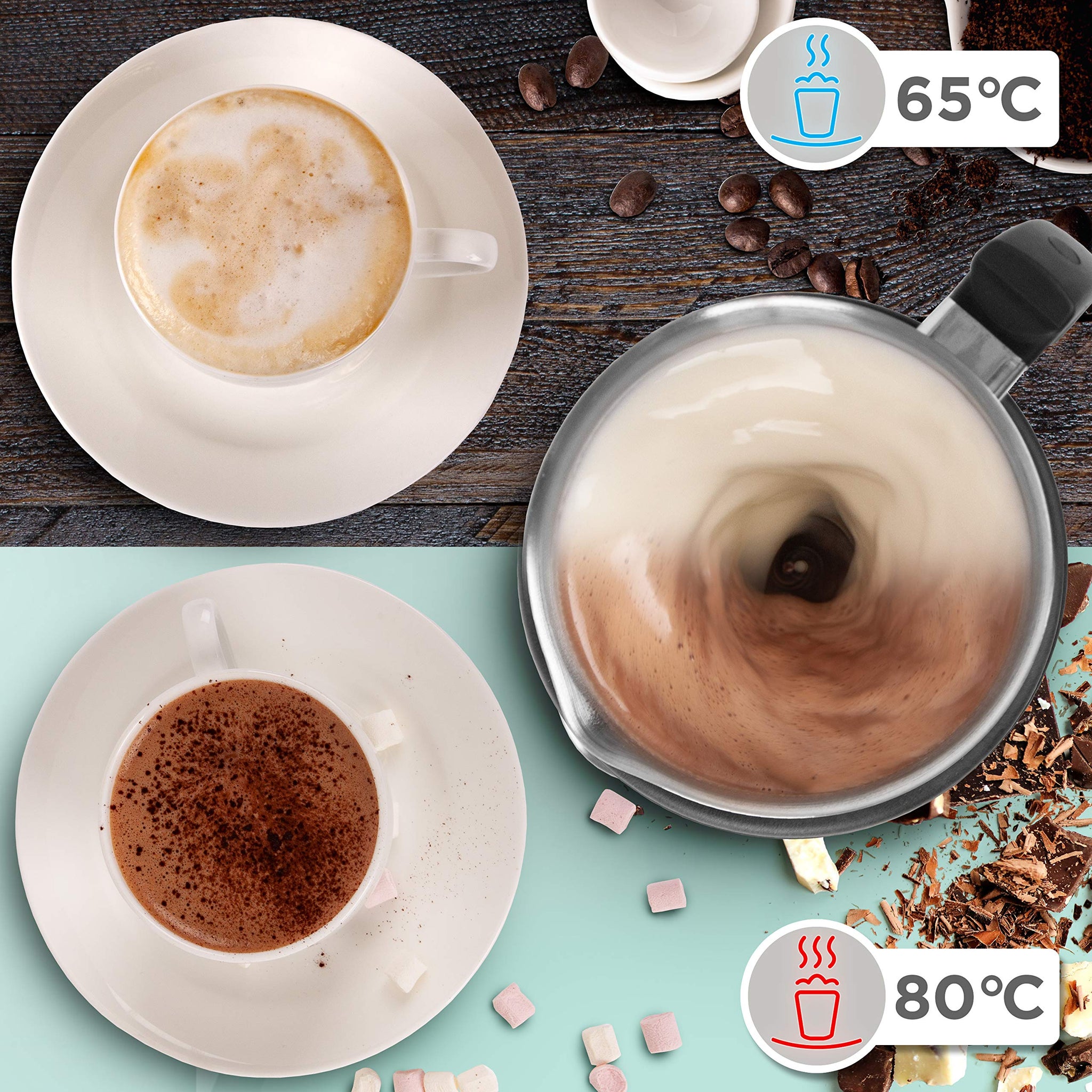 Two beverages shown made using the cold foam function and the hot foam function, made using the Duronic MF500 BK electric milk frother