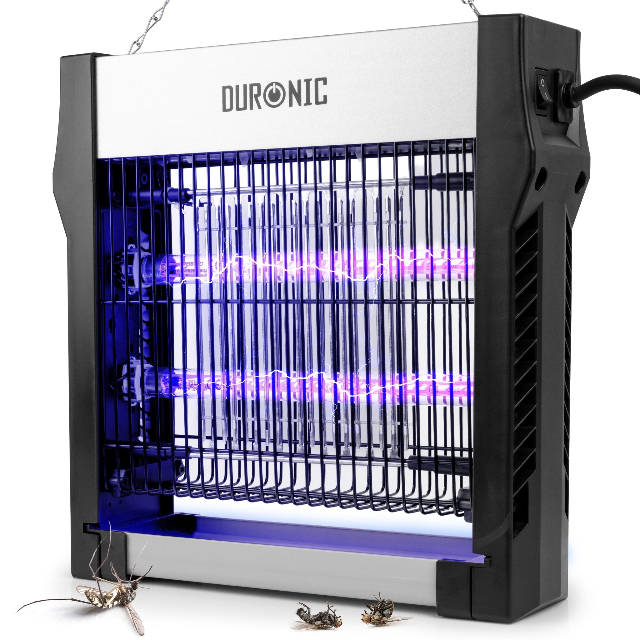 Duronic FK2X4 electric fly killer shown in use with zapped insects as an example