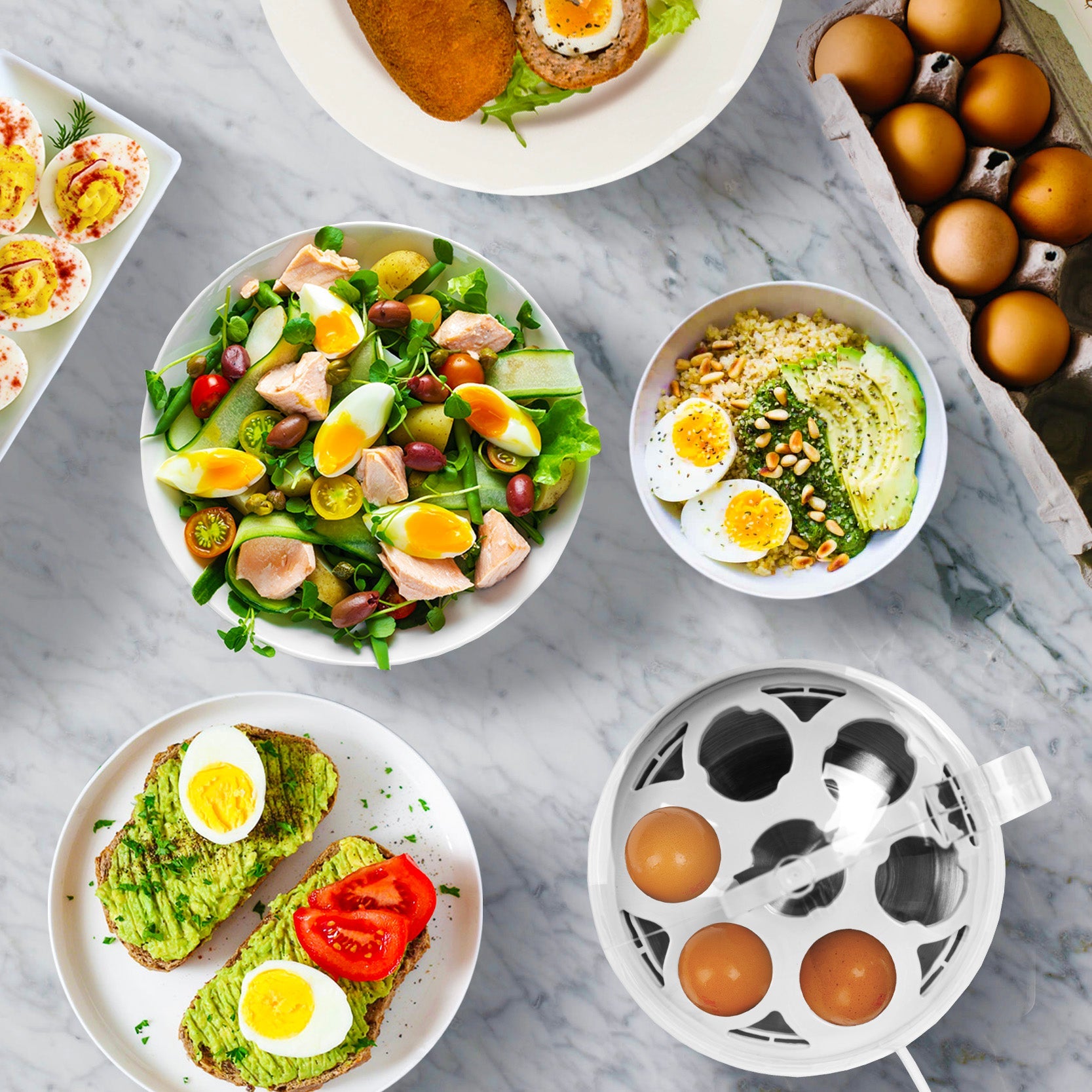 Egg salad, avocado egg toast, and more made using the Duronic EB27 electric egg boiler