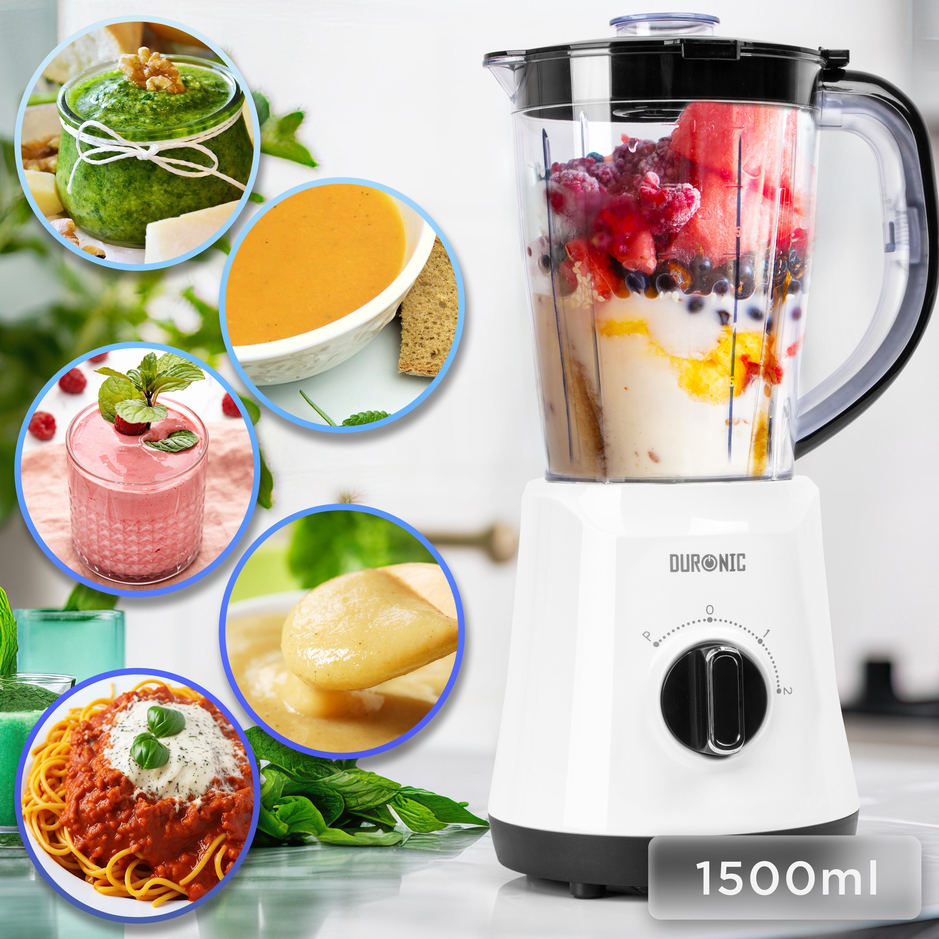 Duronic BL16 jug blender with various blend uses such as soups, condiments, smoothies, baby food, and more